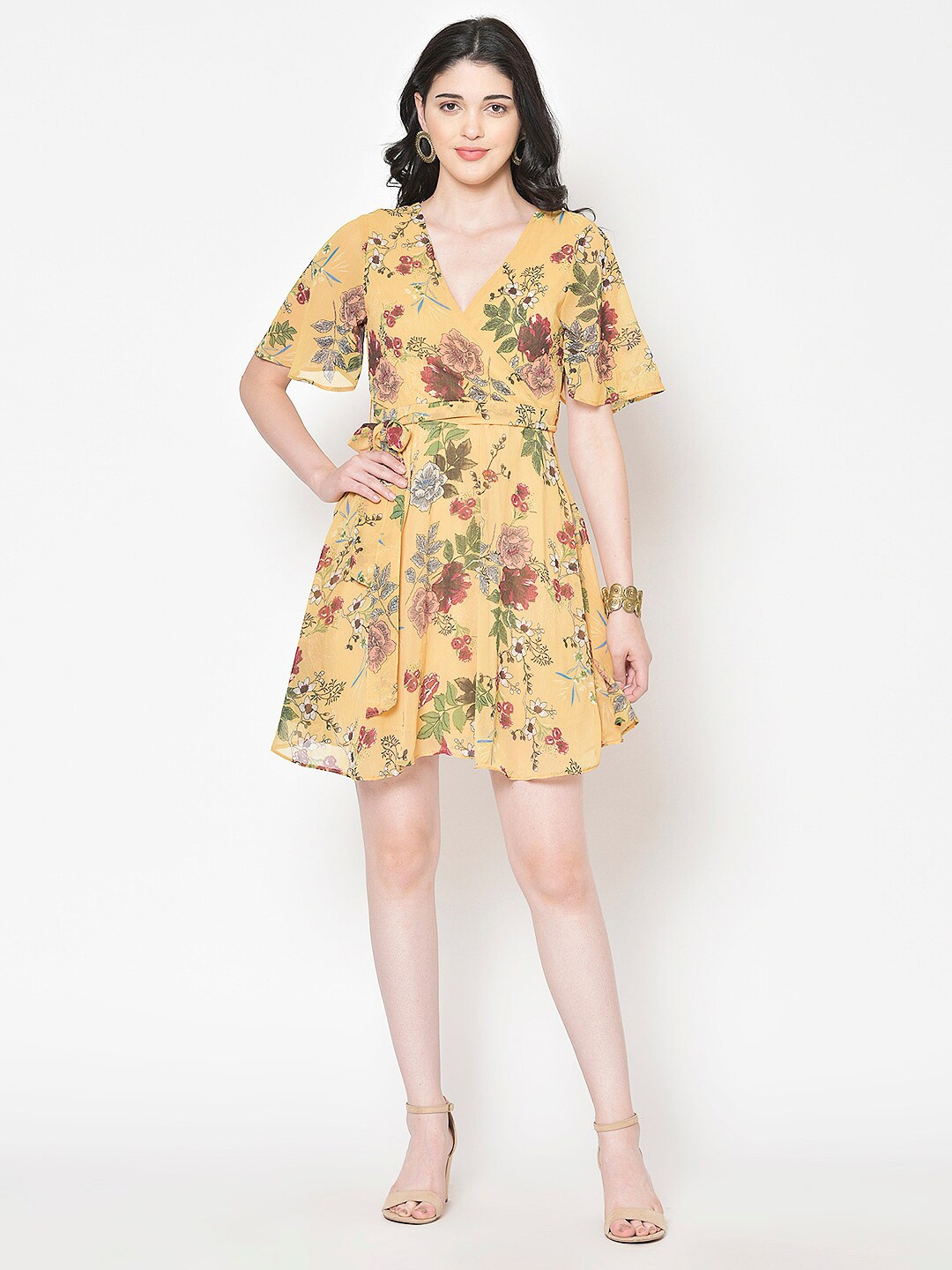 

BAESD Floral Print Flared Sleeve Chiffon Dress, Yellow