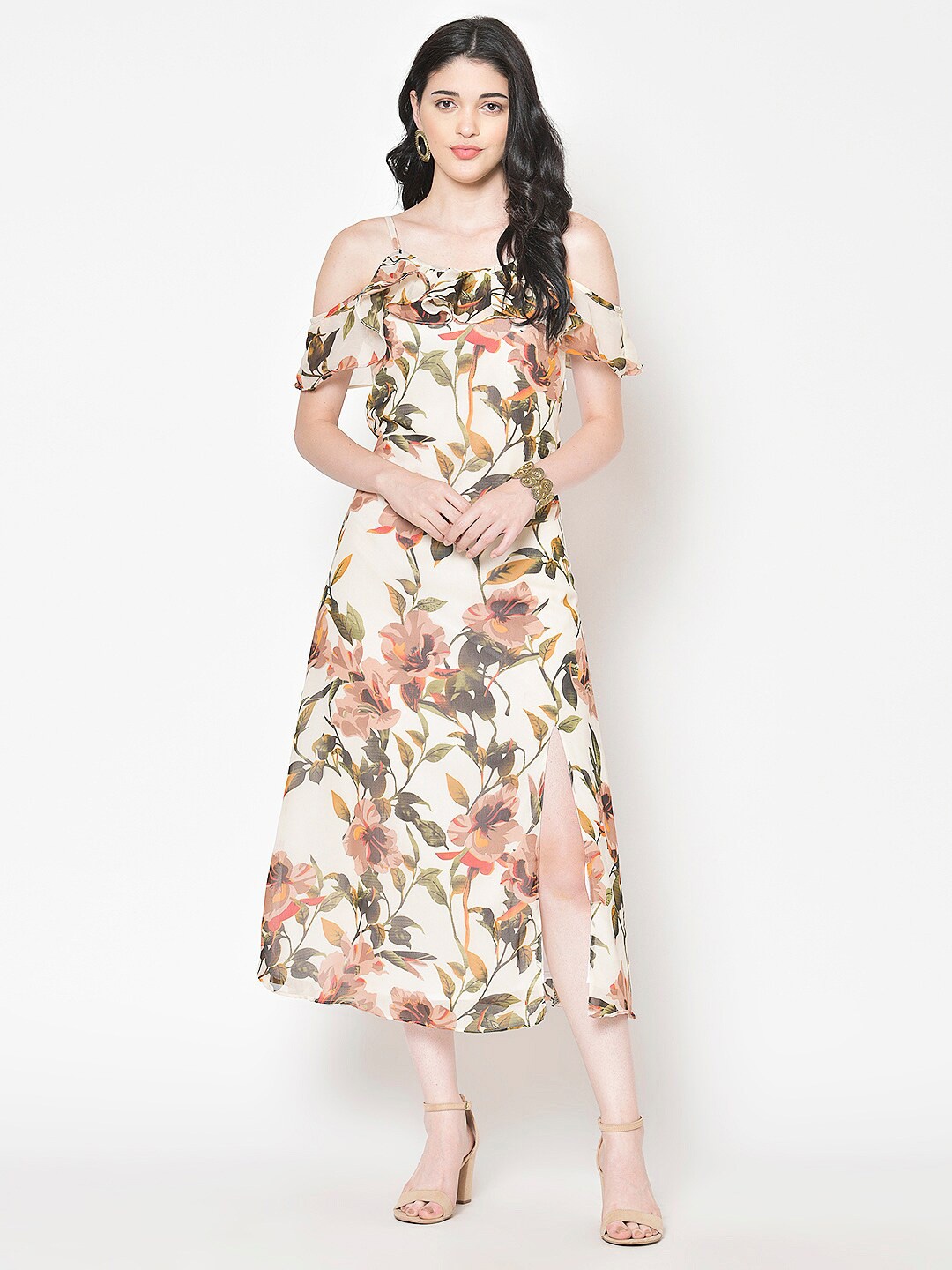 BAESD Floral Print Cold-Shoulder Georgette Fit & Flare Midi Dress, Cream