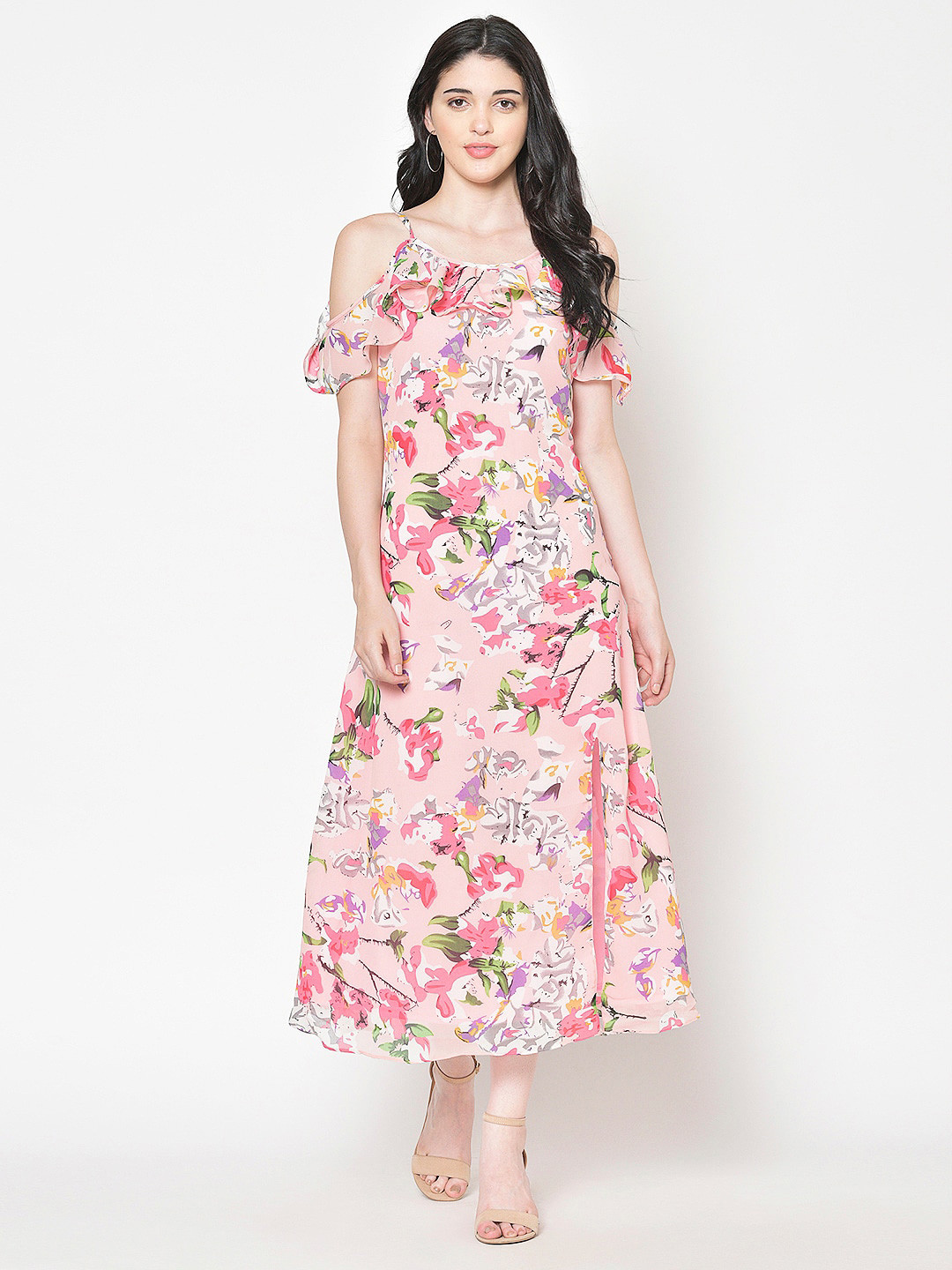 

BAESD Floral Print Cold-Shoulder Georgette Maxi Midi Dress, Pink