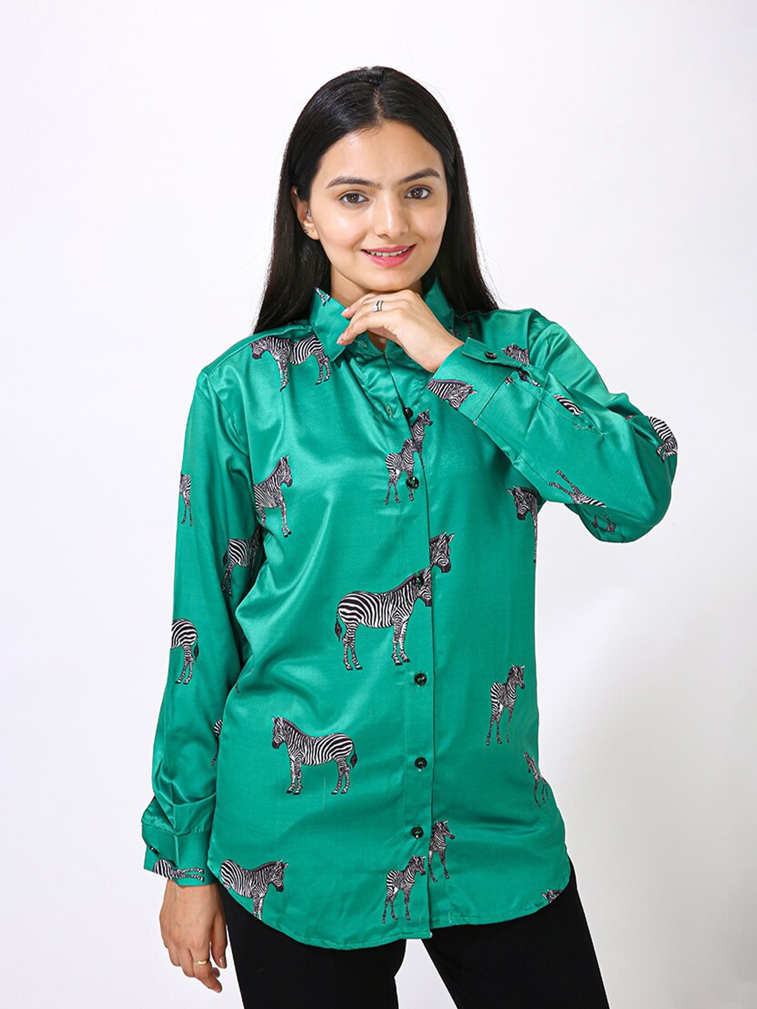 

MatterBlue Zebra Printed Satin Semiformal Shirt, Green