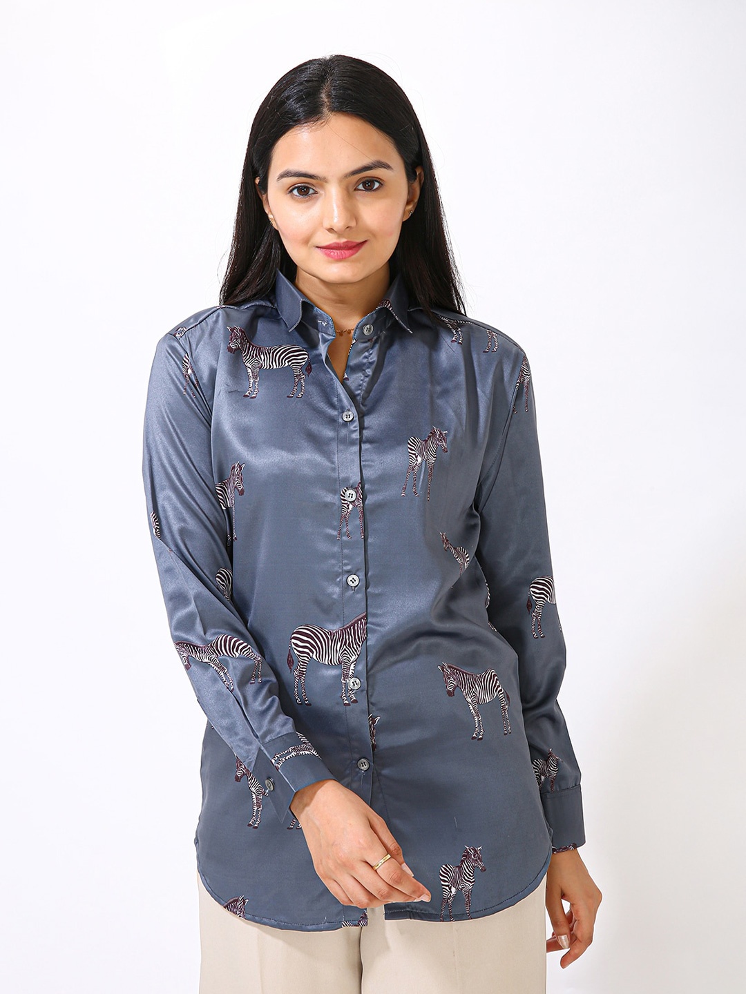

MatterBlue Printed Spread Collar Long Sleeves Satin Shirt, Steel
