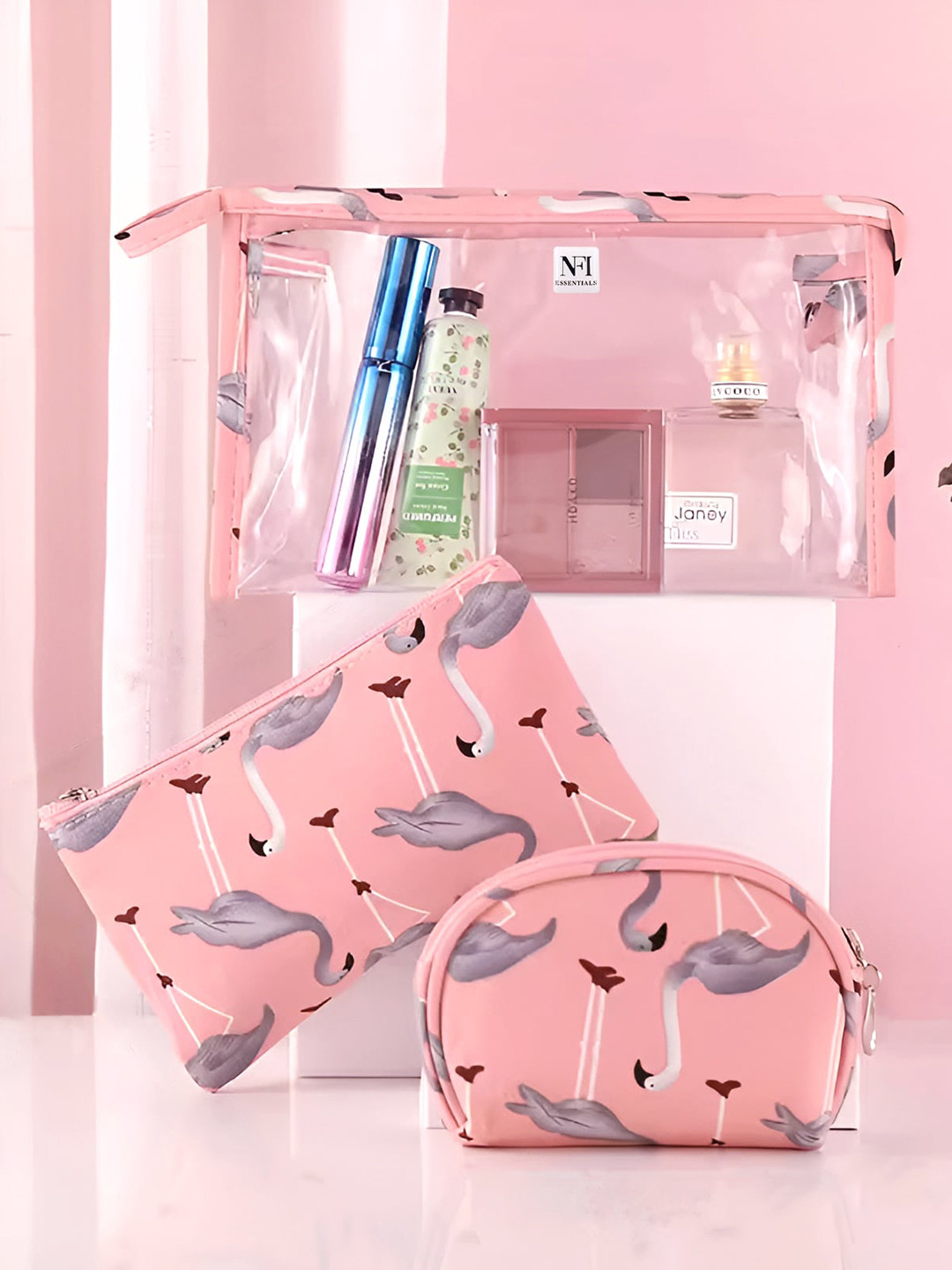 

NFI essentials 3-Pcs Printed Waterproof Makeup Pouch - Pink