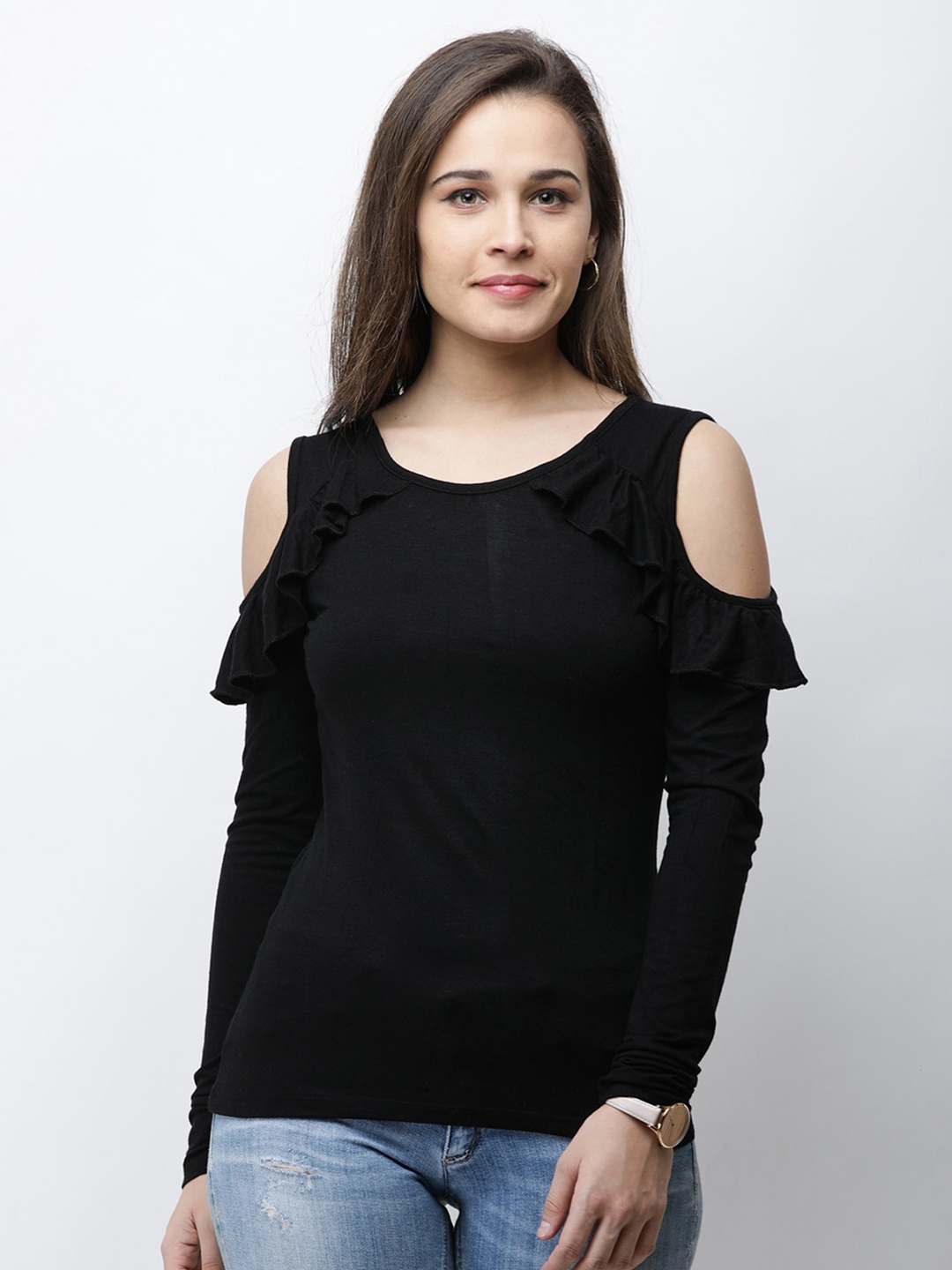 

BAESD Round Neck Cold-Shoulder Cotton Top, Black