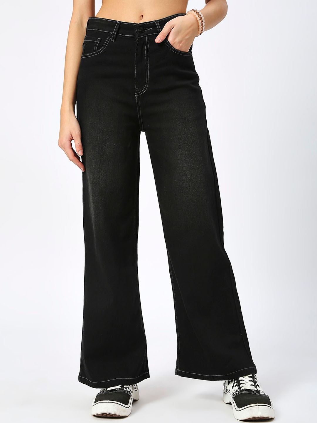 

HJ HASASI Women Wide Leg High Rise Light Fade Clean Look Stretchable Jeans, Black