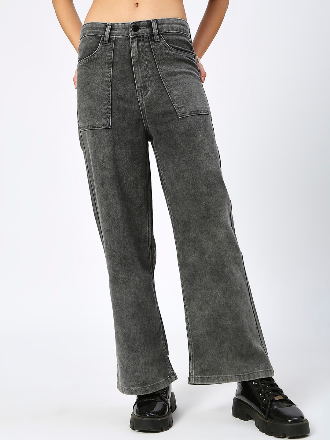 

HJ HASASI Women Wide Leg High Rise Heavy Fade Clean Look Stretchable Jeans, Grey