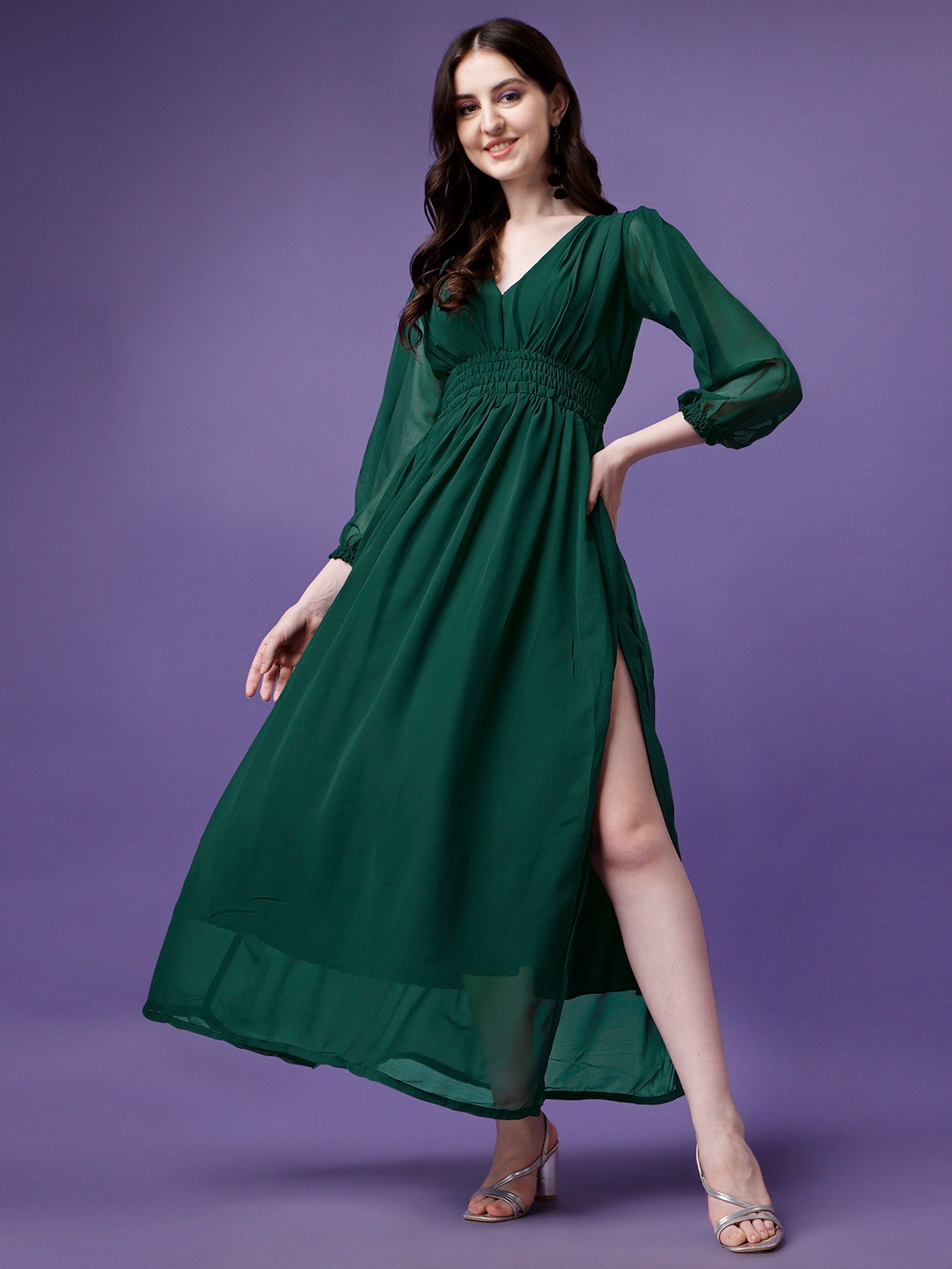 

Femvy V-Neck Puff Sleeves Georgette Maxi Dress, Green