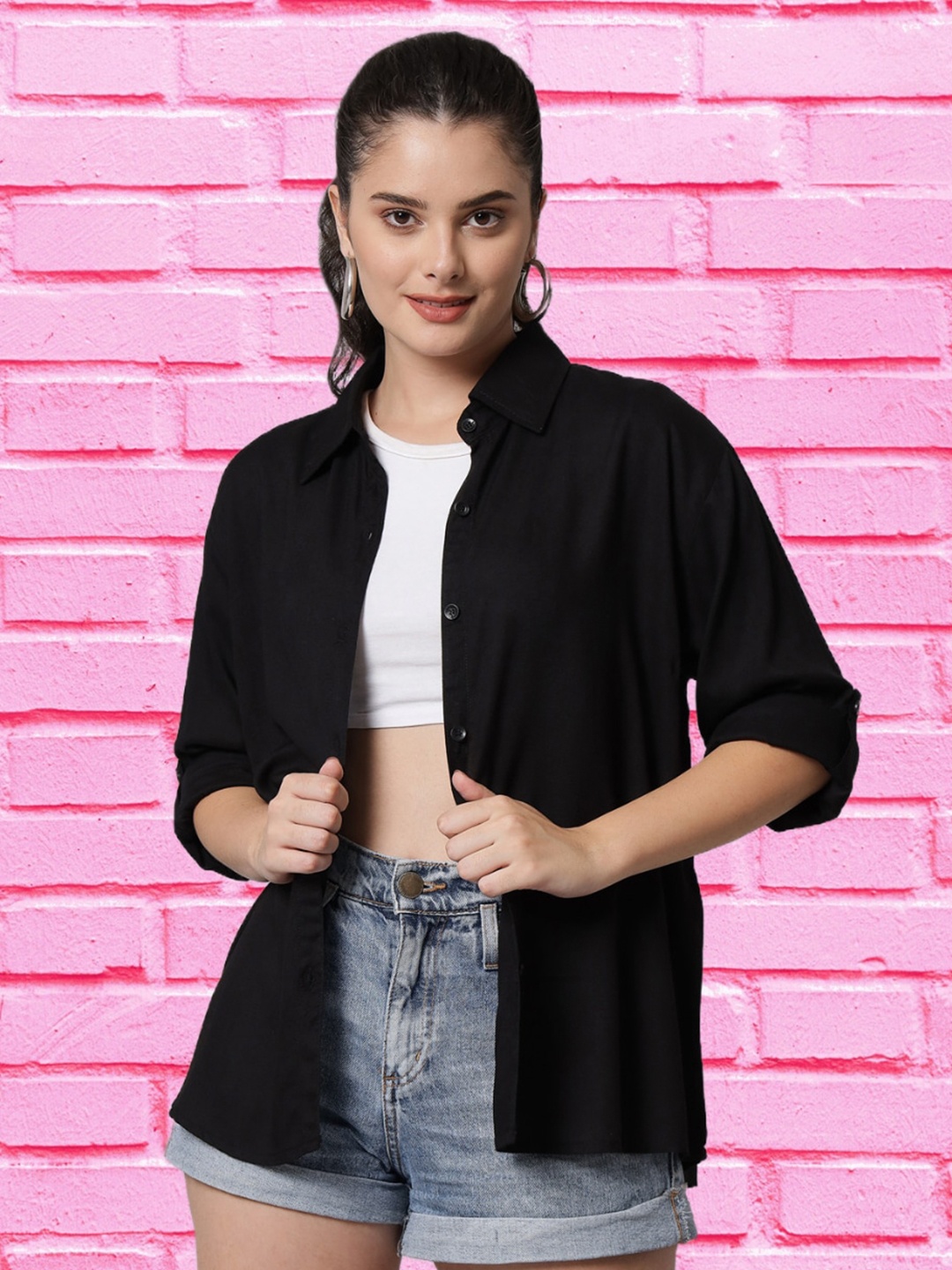 

Funday Fashion Long Sleeves Spread Collar Cotton Opaque Casual Shirt, Black