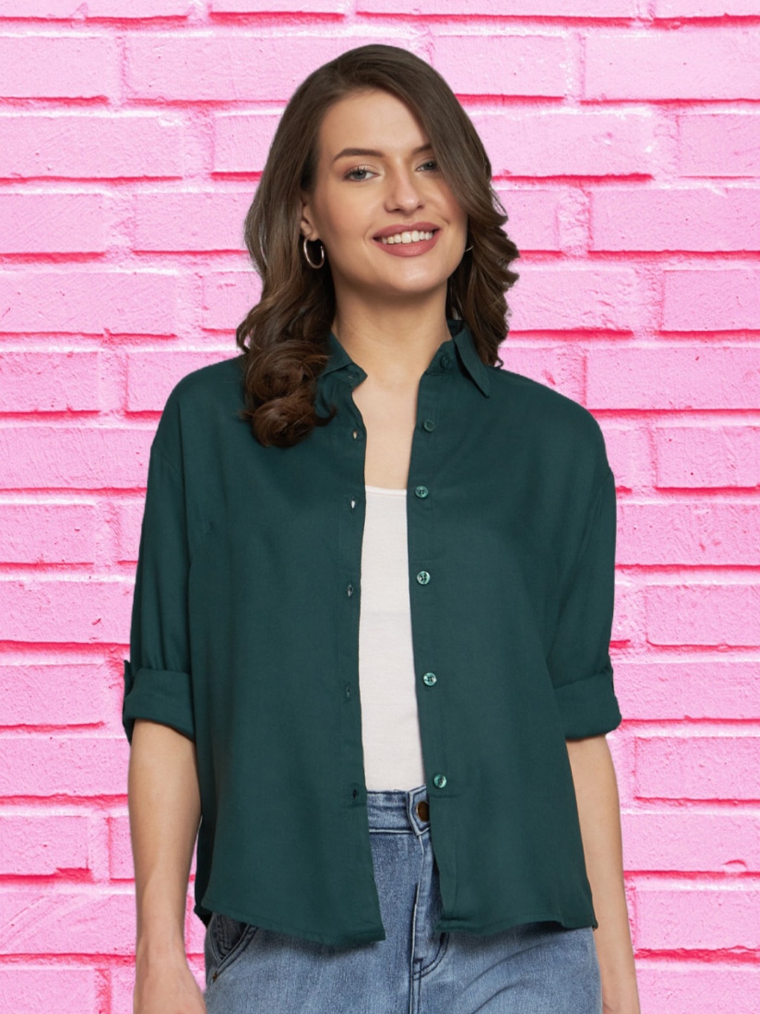 

Funday Fashion Boxy Fit Spread Collar Roll-Up Sleeves Cotton Casual Shirt, Green