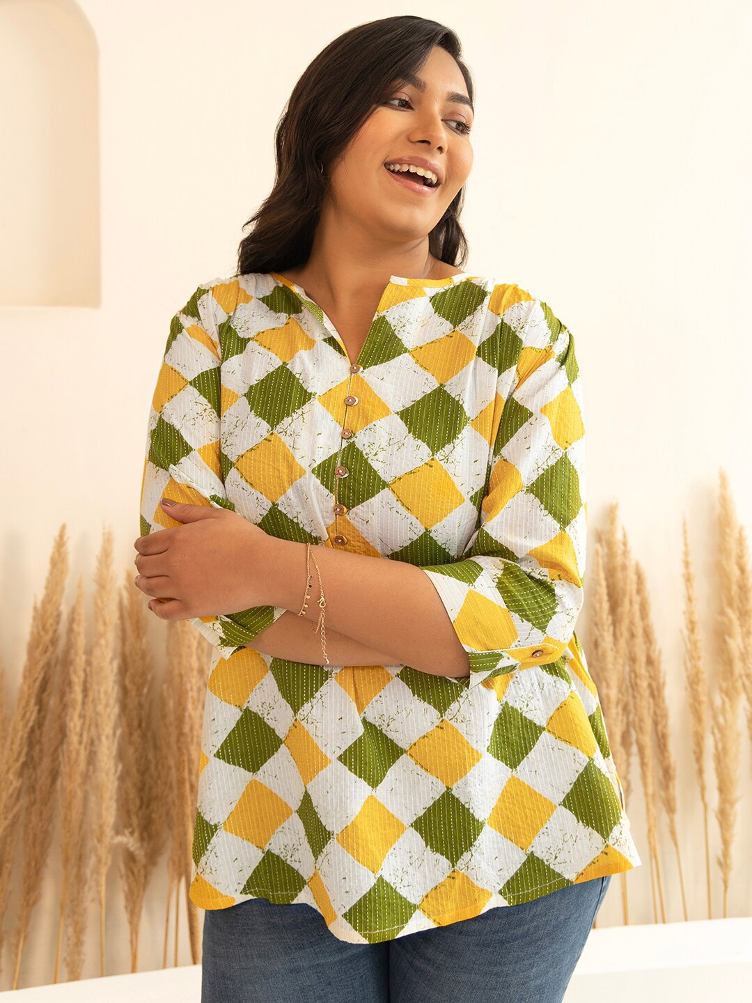 

Janasya Green Checked V-Neck Three-Quarter Sleeves Cotton Top