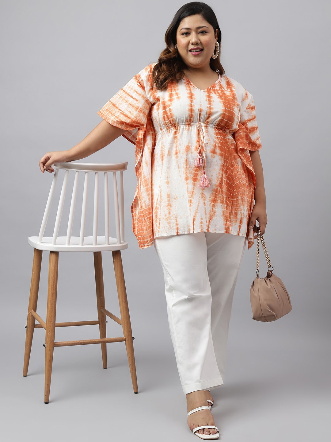 

Janasya Plus Size Tie and Dye Bell Sleeve Cotton Empire Top, Off white