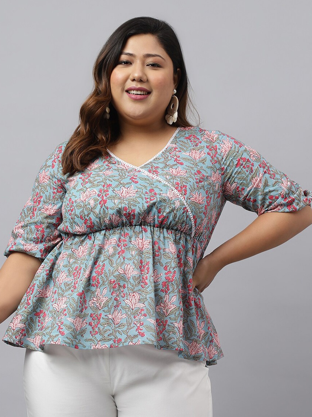 

Janasya Blue Floral Printed V-Neck Puff Sleeve Cotton Empire Top