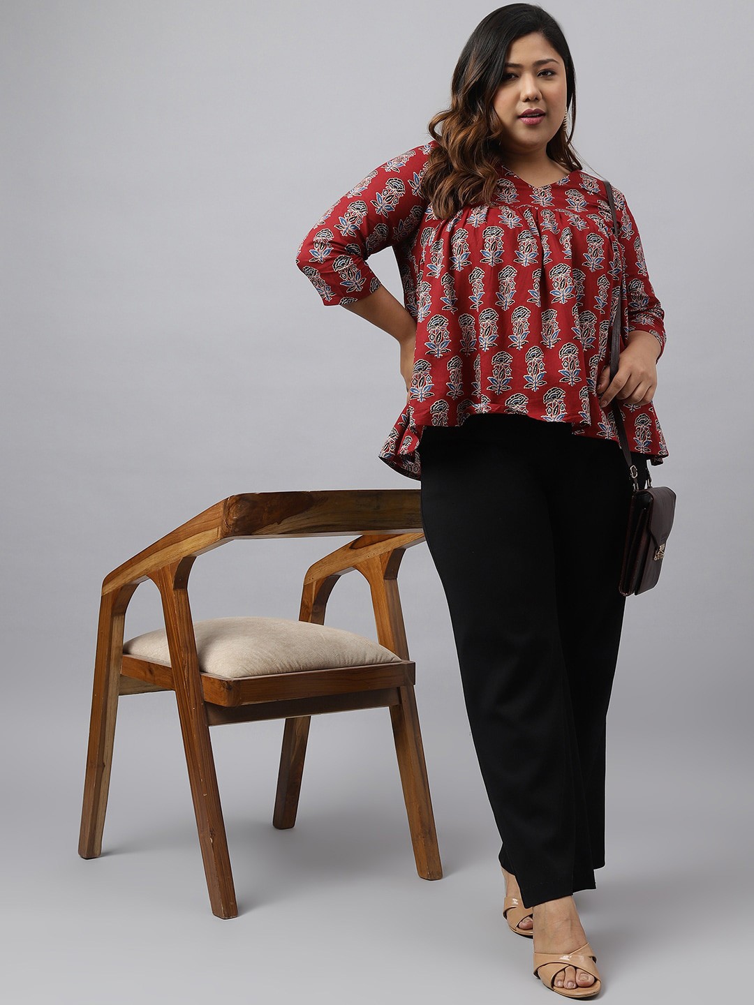 

Janasya Plus Size Floral Print V- Neck Cotton Top, Maroon