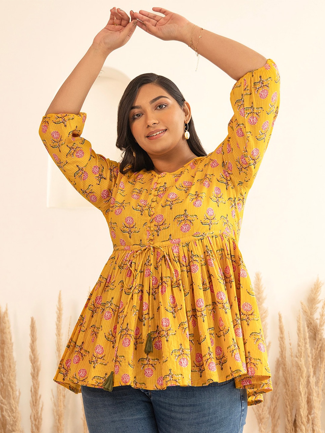 

Janasya Plus Size Floral Printed Cotton Fit & Flare Top, Mustard