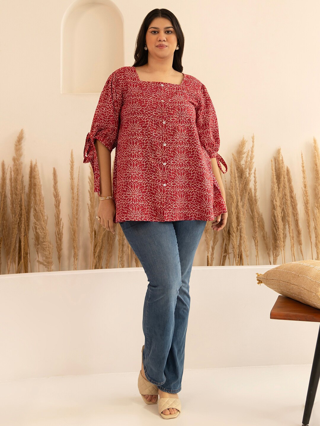 

Janasya Plus Size Floral Print Cotton A-Line Top, Maroon
