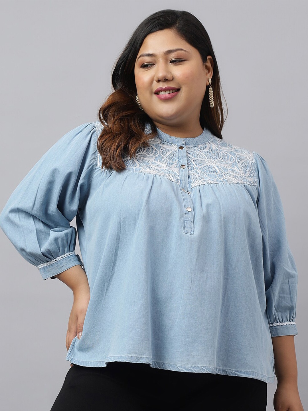

Janasya Blue Puff Sleeve High Neck Three-Quarter Sleeves A-Line Top