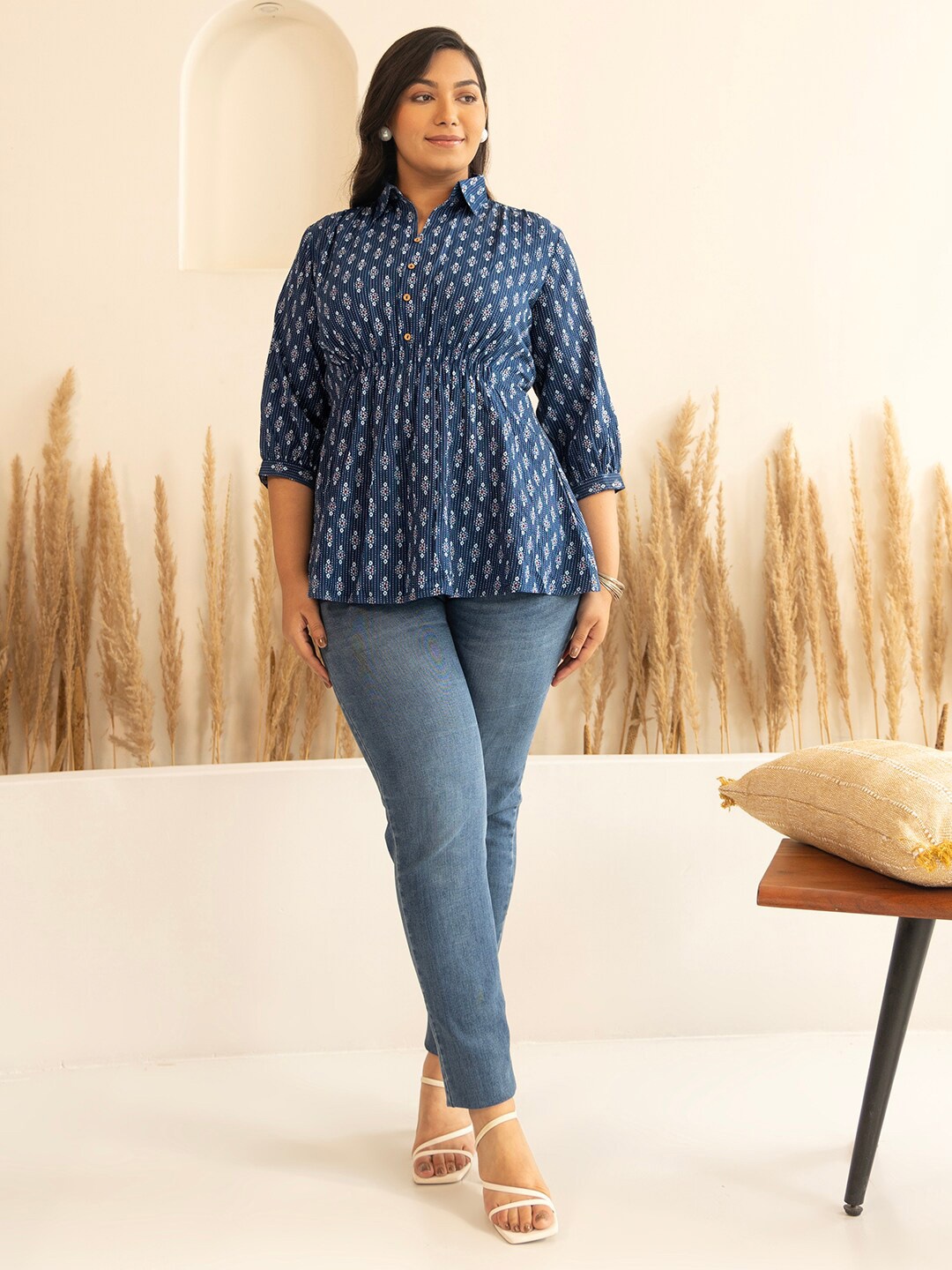 

Janasya Plus Size Ethnic Motifs Printed Cotton A-Line Top, Blue
