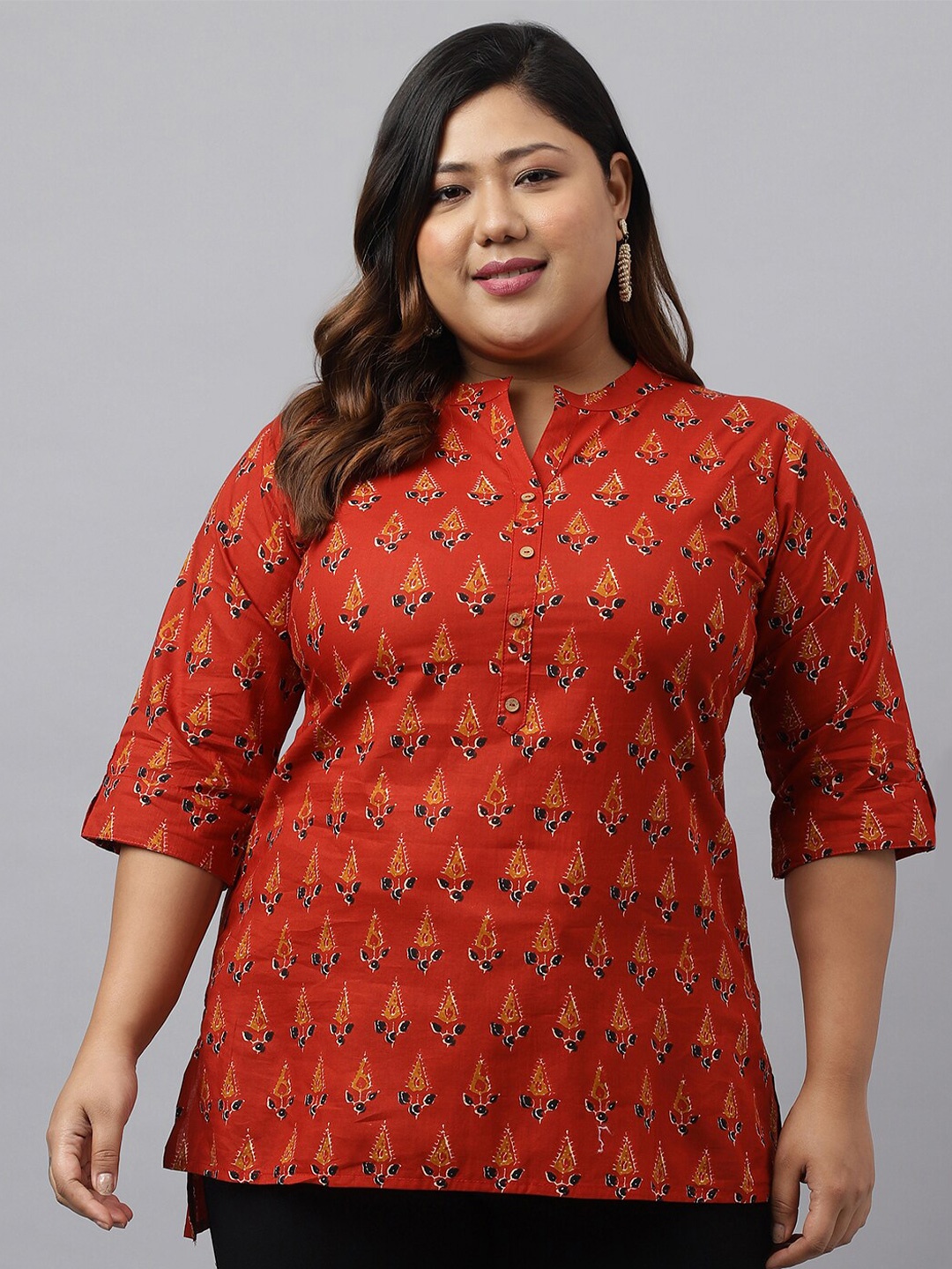 

Janasya Ethnic Printed Pure Cotton Straight Plus Size Kurtis, Red