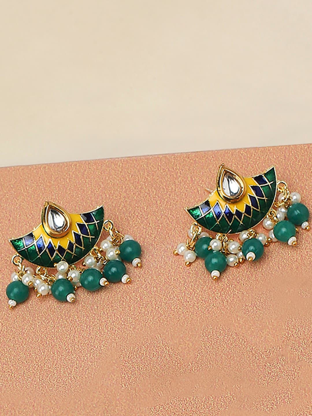 

OOMPH Meenakari Kundan Studded Chandbalis, Green
