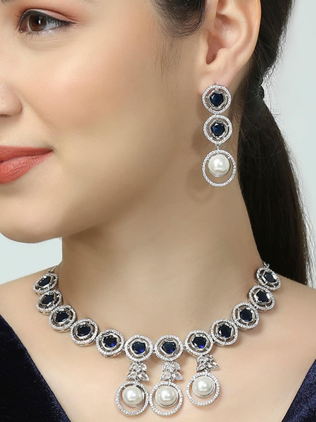 

OOMPH American Diamond Studded Jewellery Set, Silver