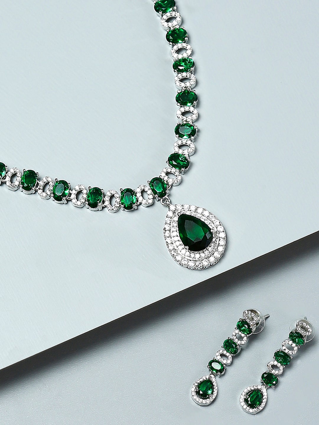 

OOMPH American Diamond Studded Teardrop Statement Design Jewellery Set, Green