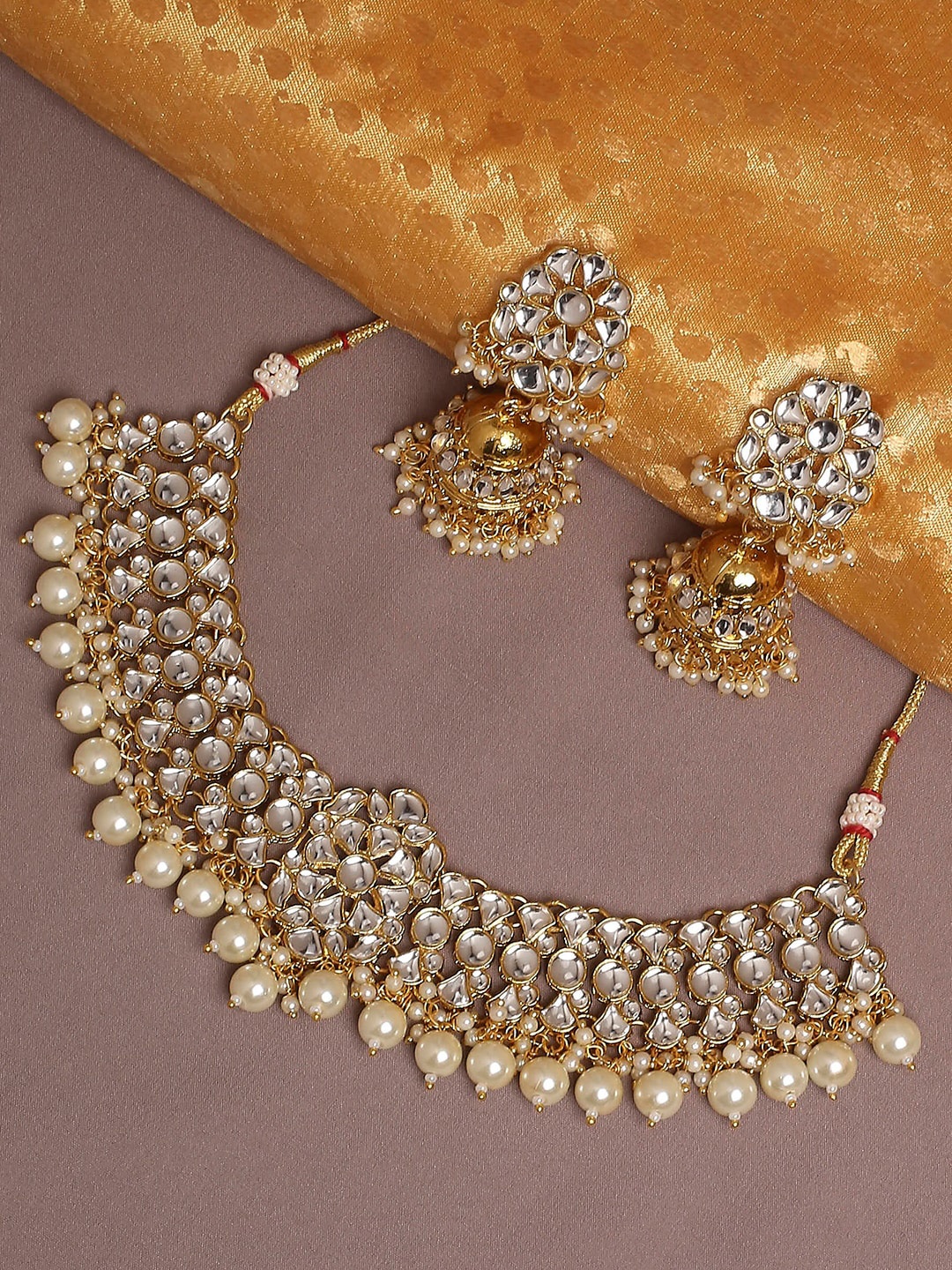 

OOMPH Kundan Studded & Beaded With Jhumka Earrings Jewellery Set, Gold