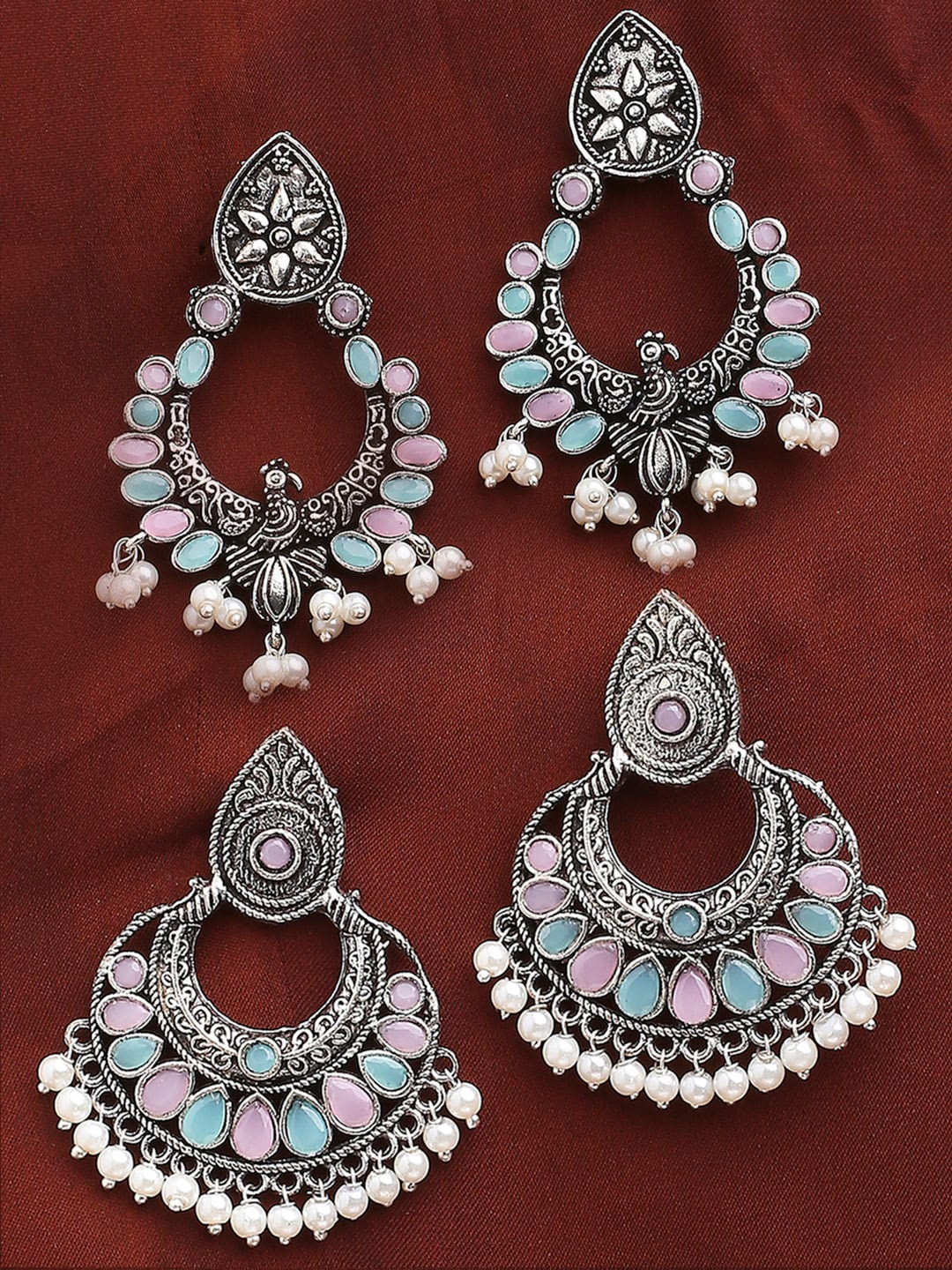 

OOMPH Set of 2 Artificial Stones and Beads Oxidised Chandbalis, Silver