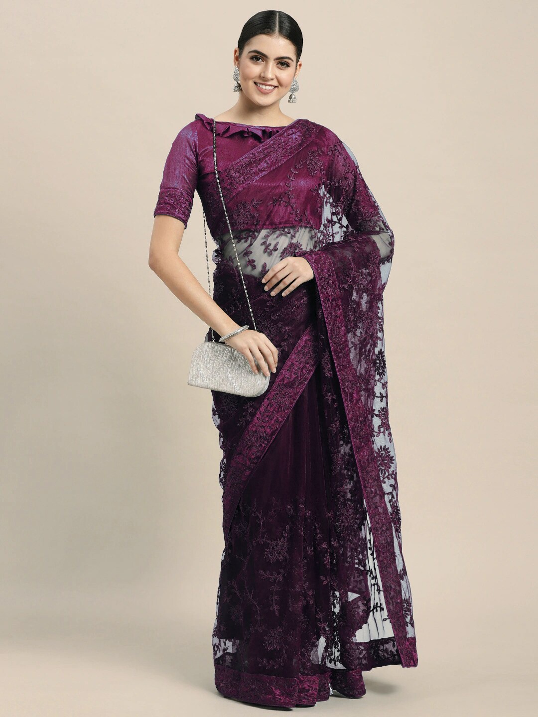 

Civamee Embellished Sequinned Net Saree, Purple