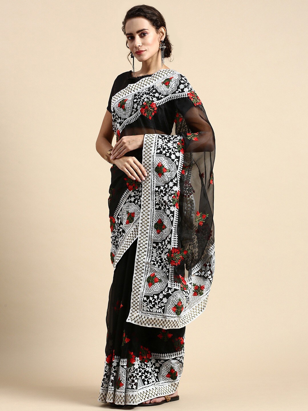 

Civamee Embellished Embroidered Organza Saree, Black