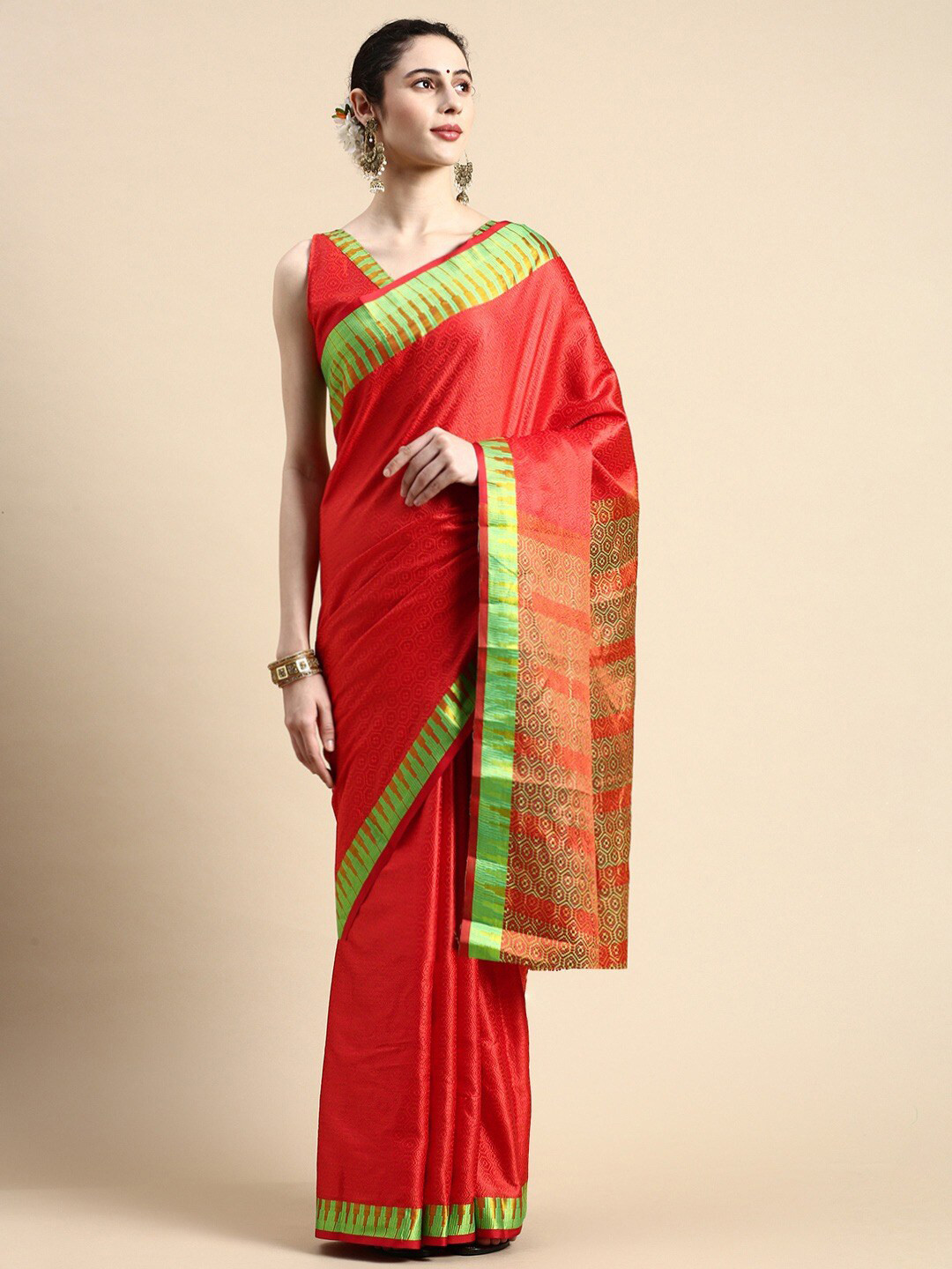 

Civamee Geometric Woven Design Art Silk Saree, Red