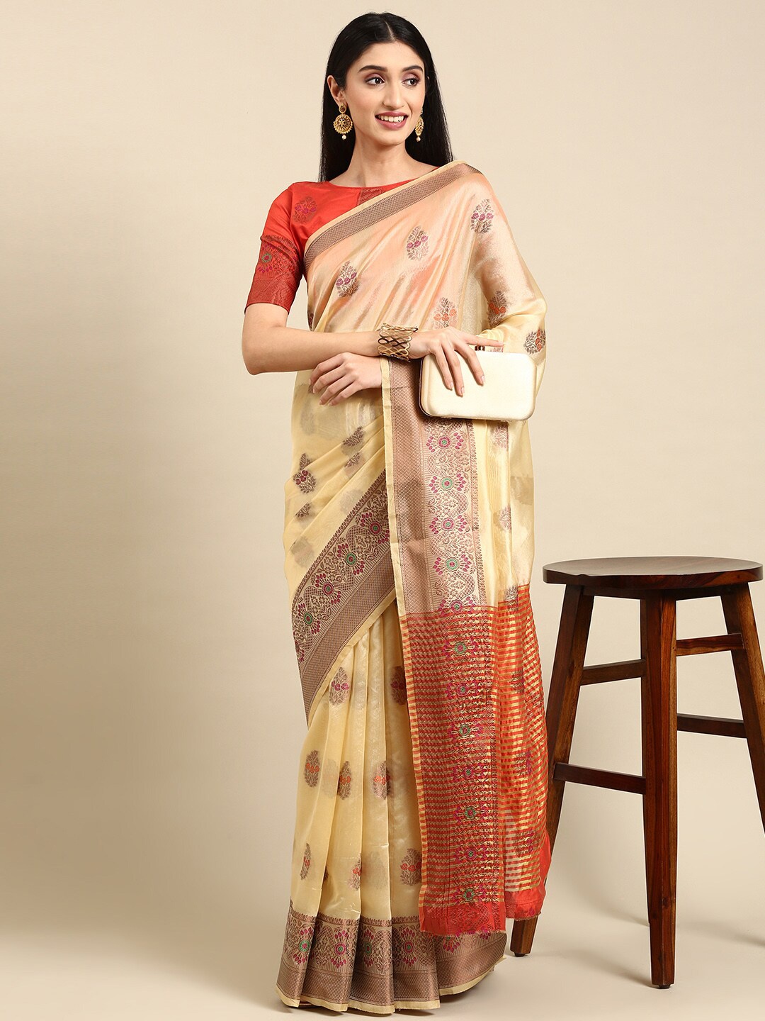 

Civamee Ethnic Motifs Woven Design Organza Saree, Cream