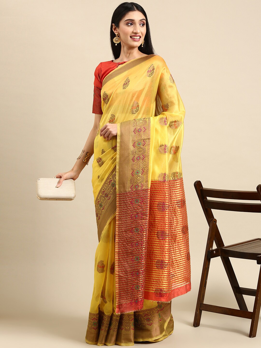 

Civamee Ethnic Motifs Woven Design Organza Saree, Yellow