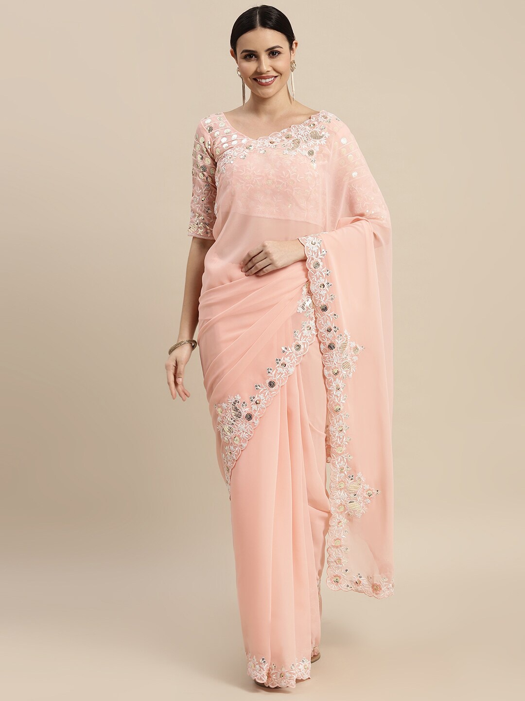 

Civamee Embroidered Embellished Sequinned Saree, Peach