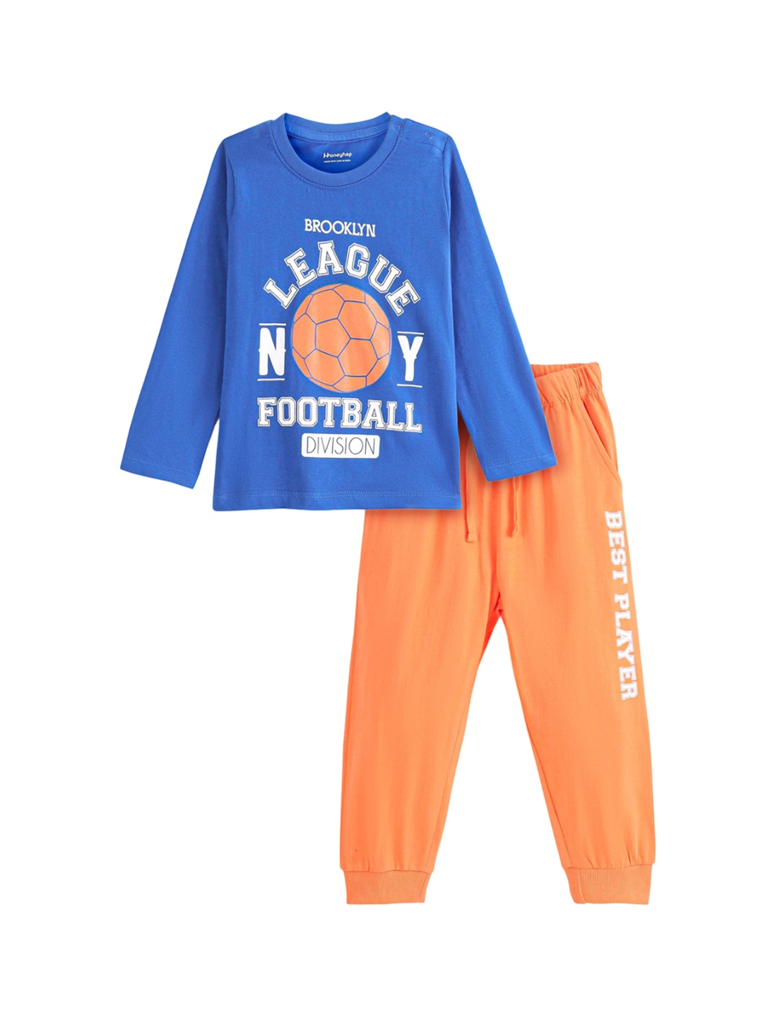 

Honeyhap Boys Typography Printed Pure Cotton T-shirt With Pyjamas, Blue