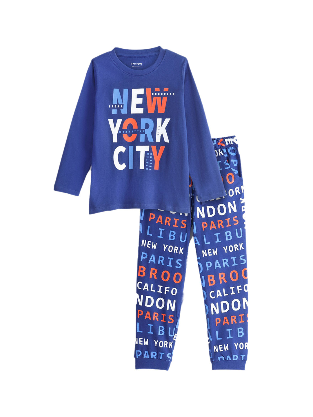 

Honeyhap Boys Typography Printed Pure Cotton Night suit, Navy blue