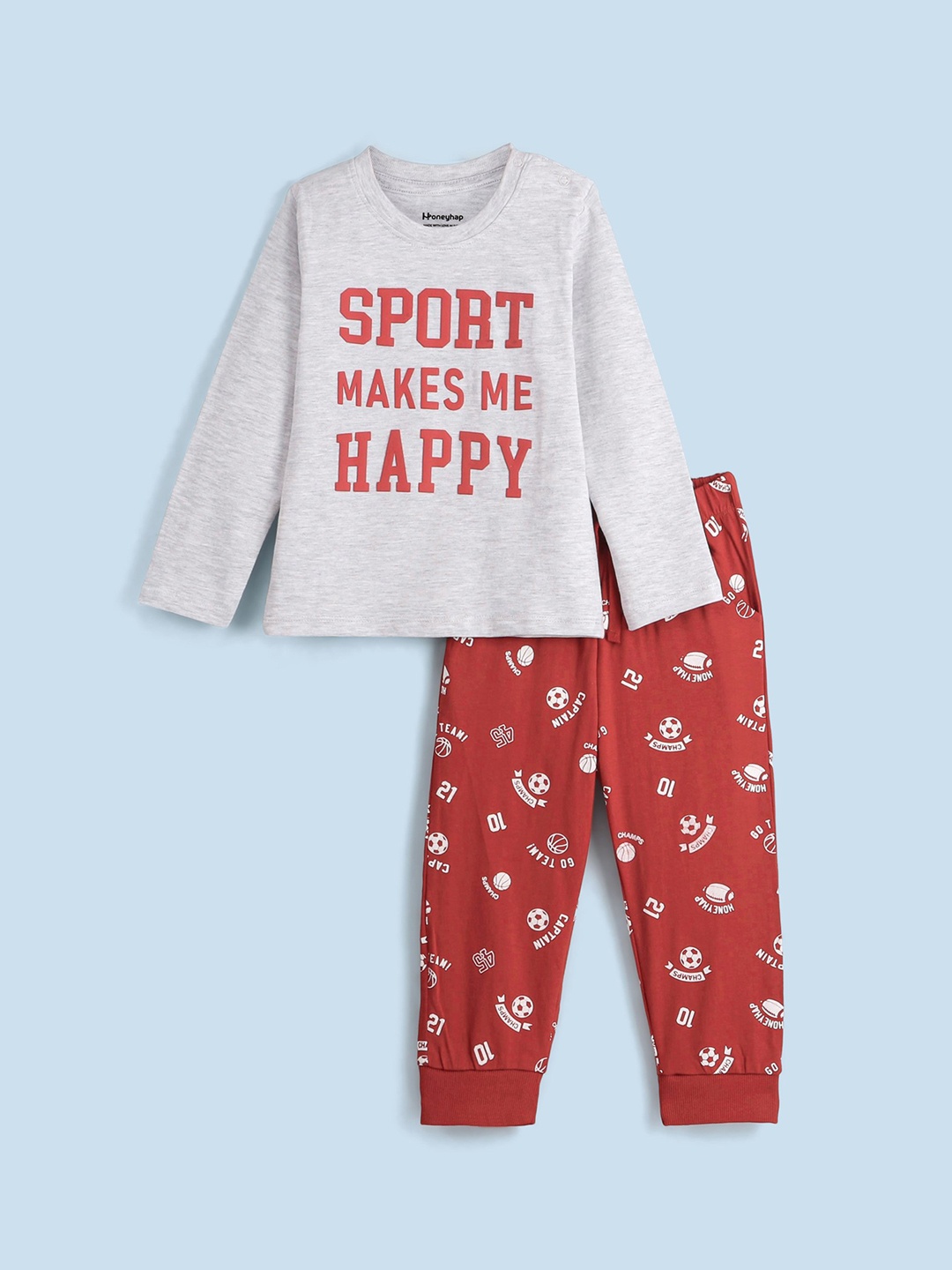 

Honeyhap Boys Typography Printed Pure Cotton Night suit, Grey melange