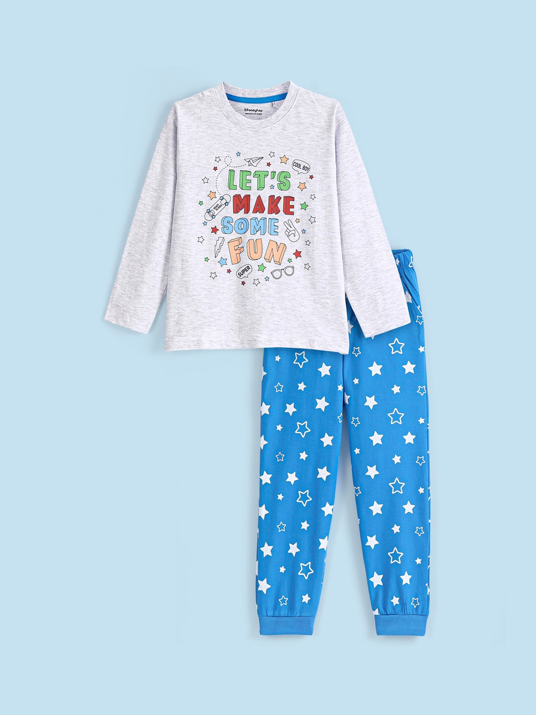 

Honeyhap Boys Typography Printed Pure Cotton T-shirt With Pyjamas, Off white