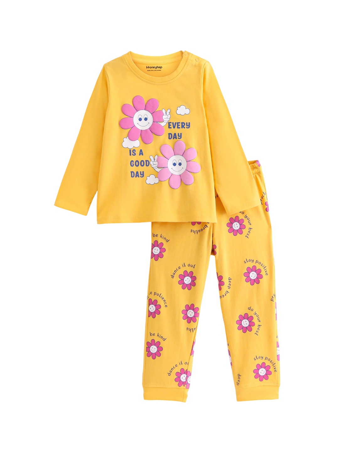 

Honeyhap Girls Typography Printed Pure Cotton Night suit, Yellow