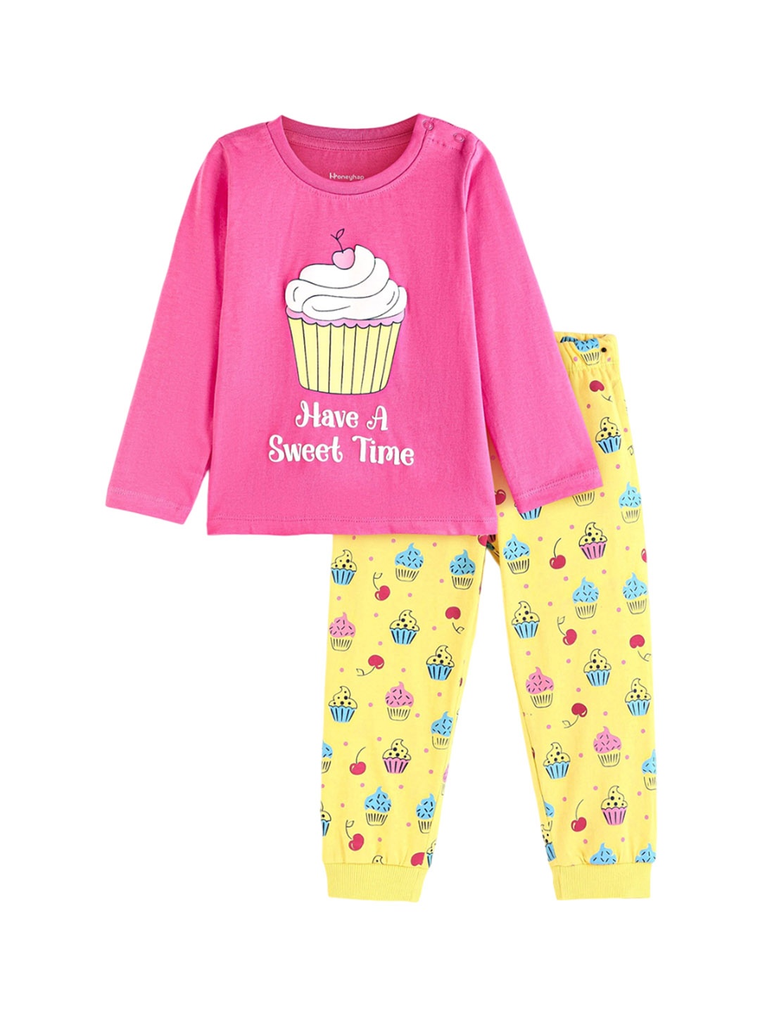 

Honeyhap Girls Graphic Printed Pure Cotton Night suit, Pink