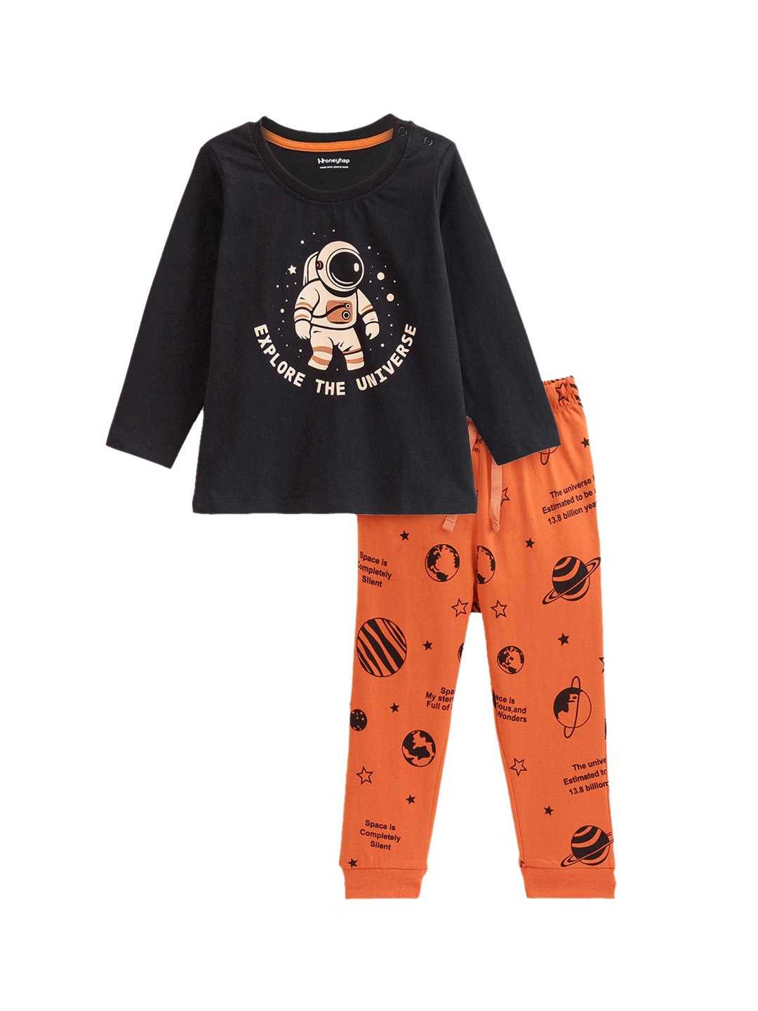 

Honeyhap Boys Graphic Printed Pure Cotton Night suit, Black