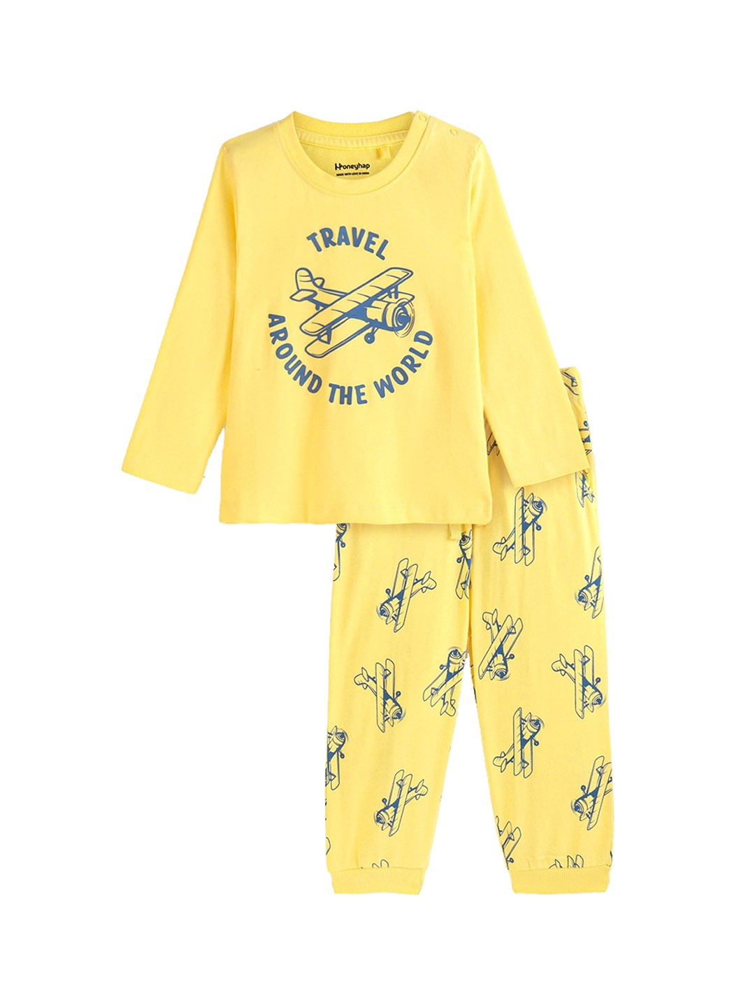 

Honeyhap Boys Typography Printed Pure Cotton Night suit, Yellow