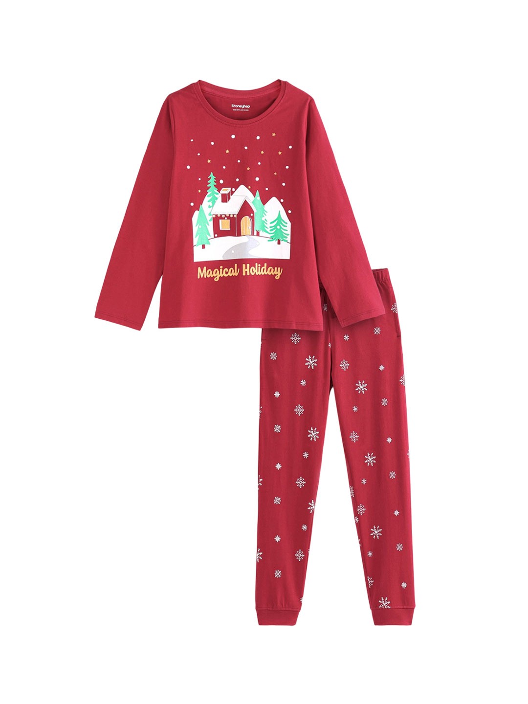 

Honeyhap Girls Graphic Printed Pure Cotton Night suit, Red