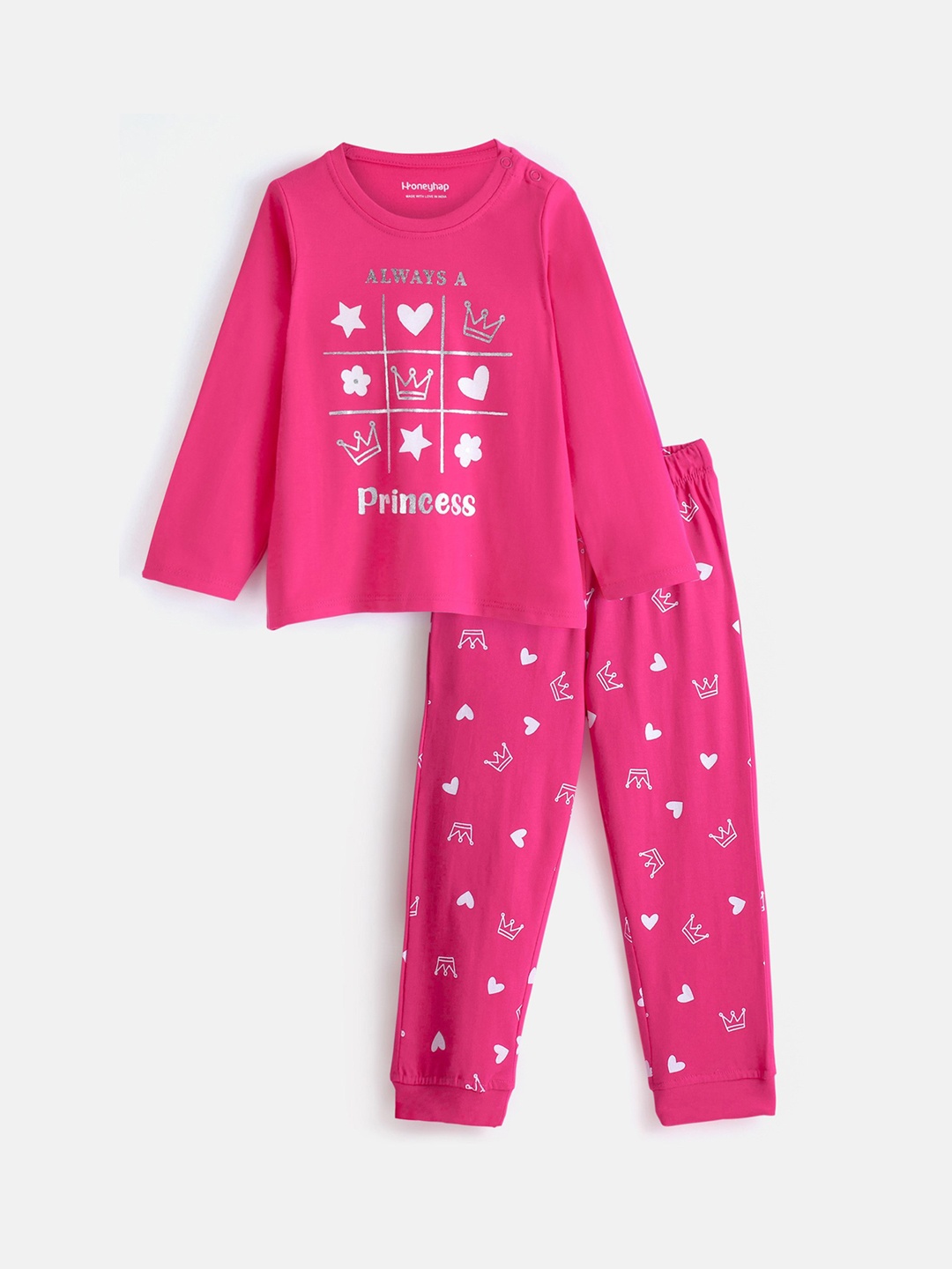 

Honeyhap Girls Graphic Printed Pure Cotton Night suit, Pink