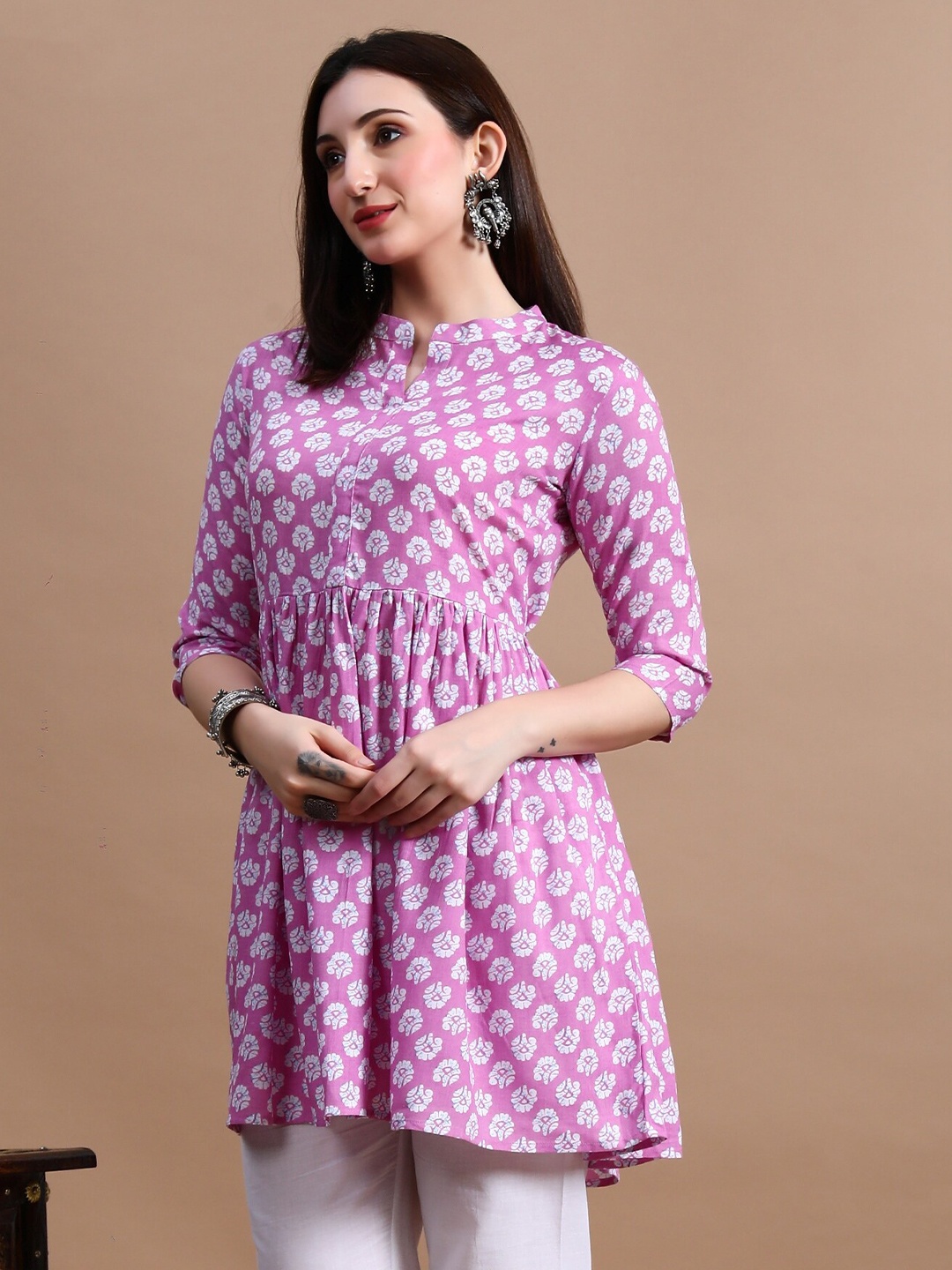 

GLOWWORLD Polka Dots Printed Mandarin Collar Three-Quarter Sleeves A-Line Top, Pink