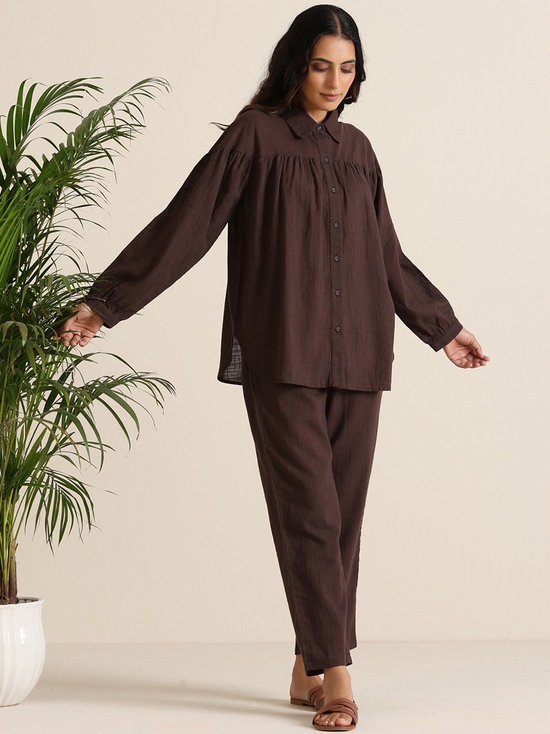 

trueBrowns Malang Pure Cotton Shirt With Trousers Co-Ords, Brown