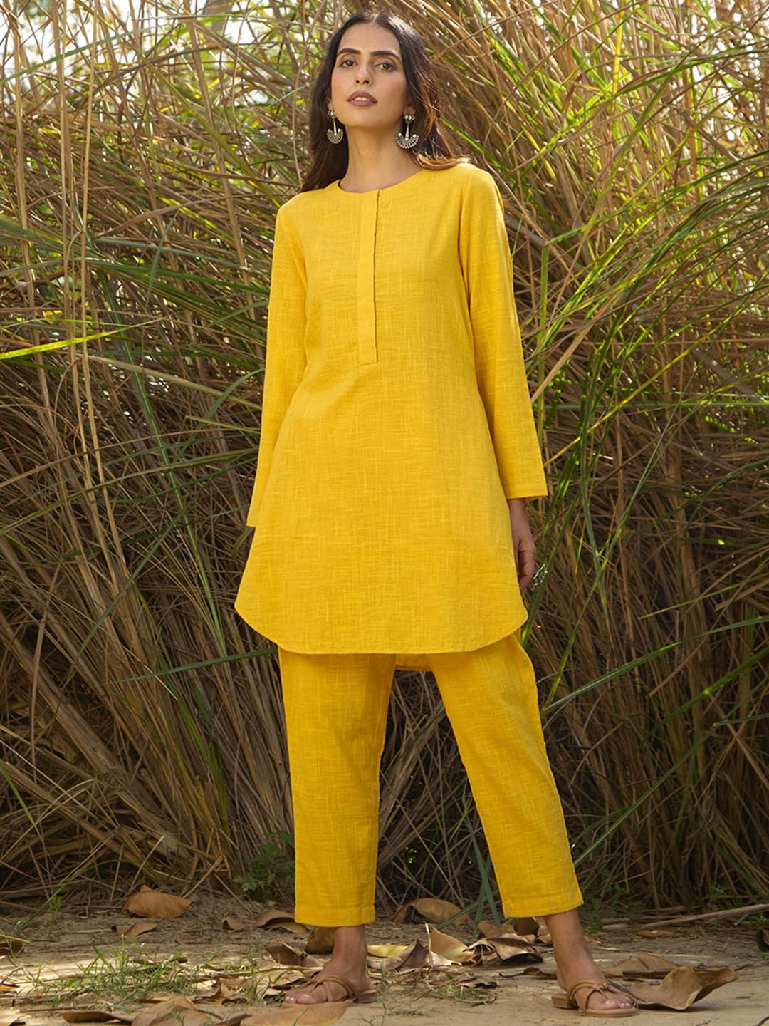 

trueBrowns Round Neck Pure Cotton Tunic With Trousers, Mustard