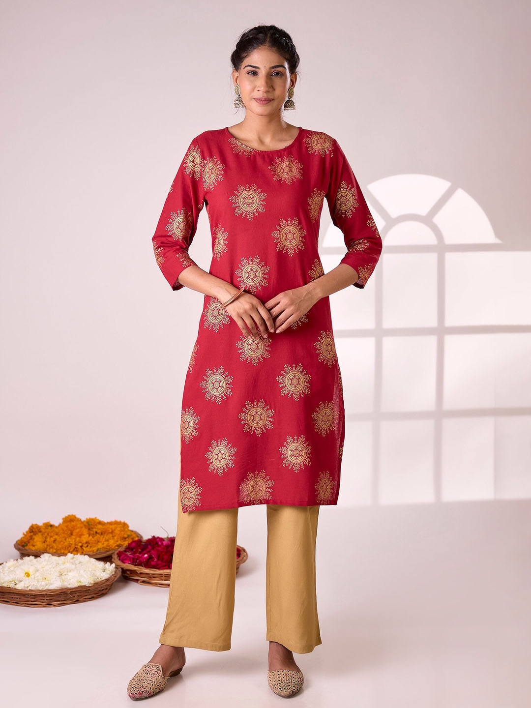 

SURHI Printed Three-Quarter Sleeves Round Neck Cotton Straight Kurta, Maroon