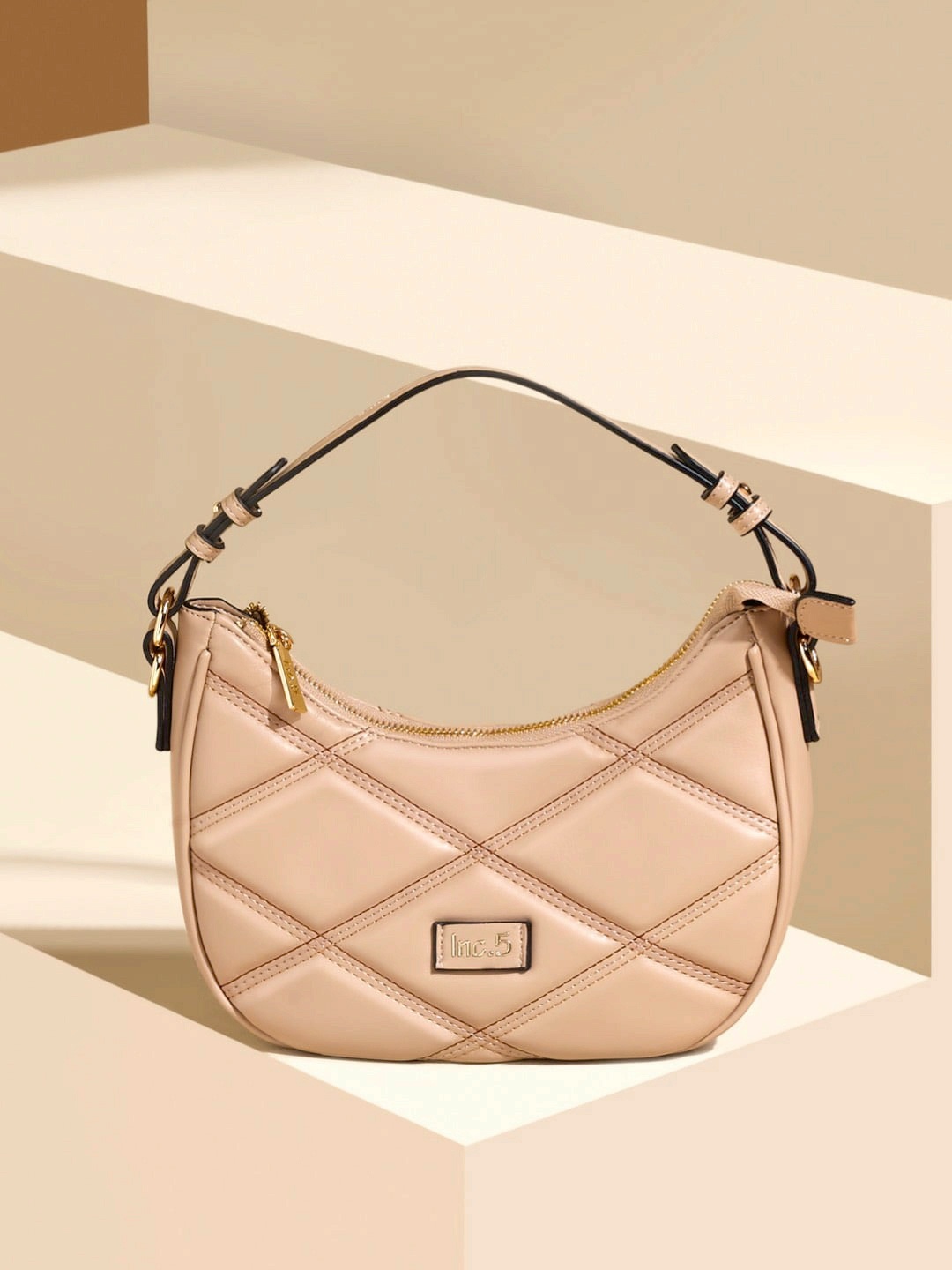 

Inc 5 Geometric Half Moon Hobo Bag with Quilted, Beige