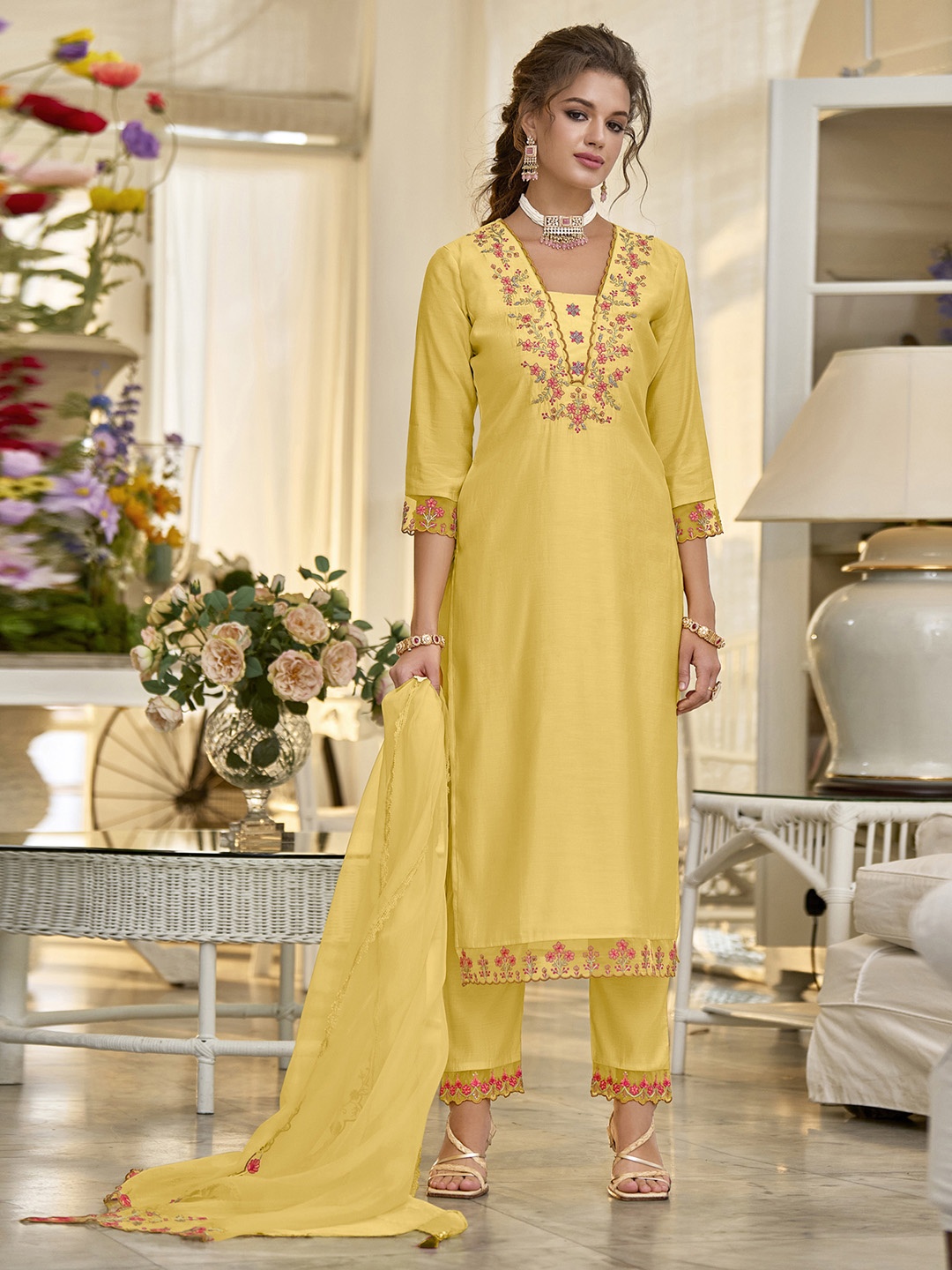 

MOJILAA Floral Embroidered Regular Kurta With Trousers & With Dupatta, Yellow