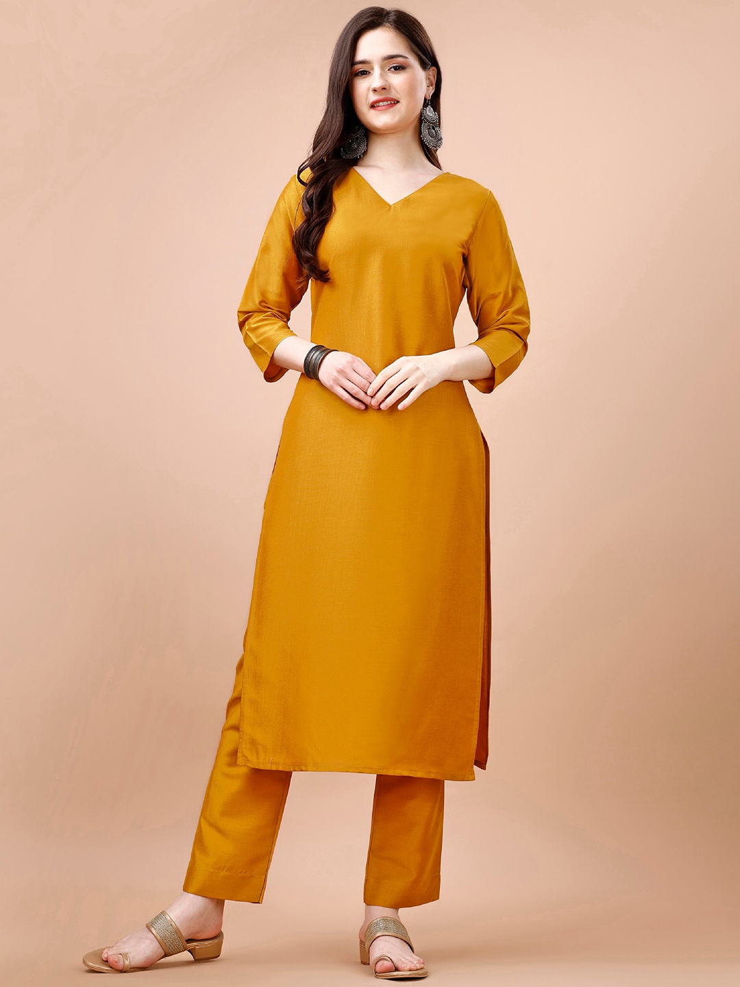 

MOJILAA V Neck Regular Straight Kurta With Trousers, Mustard