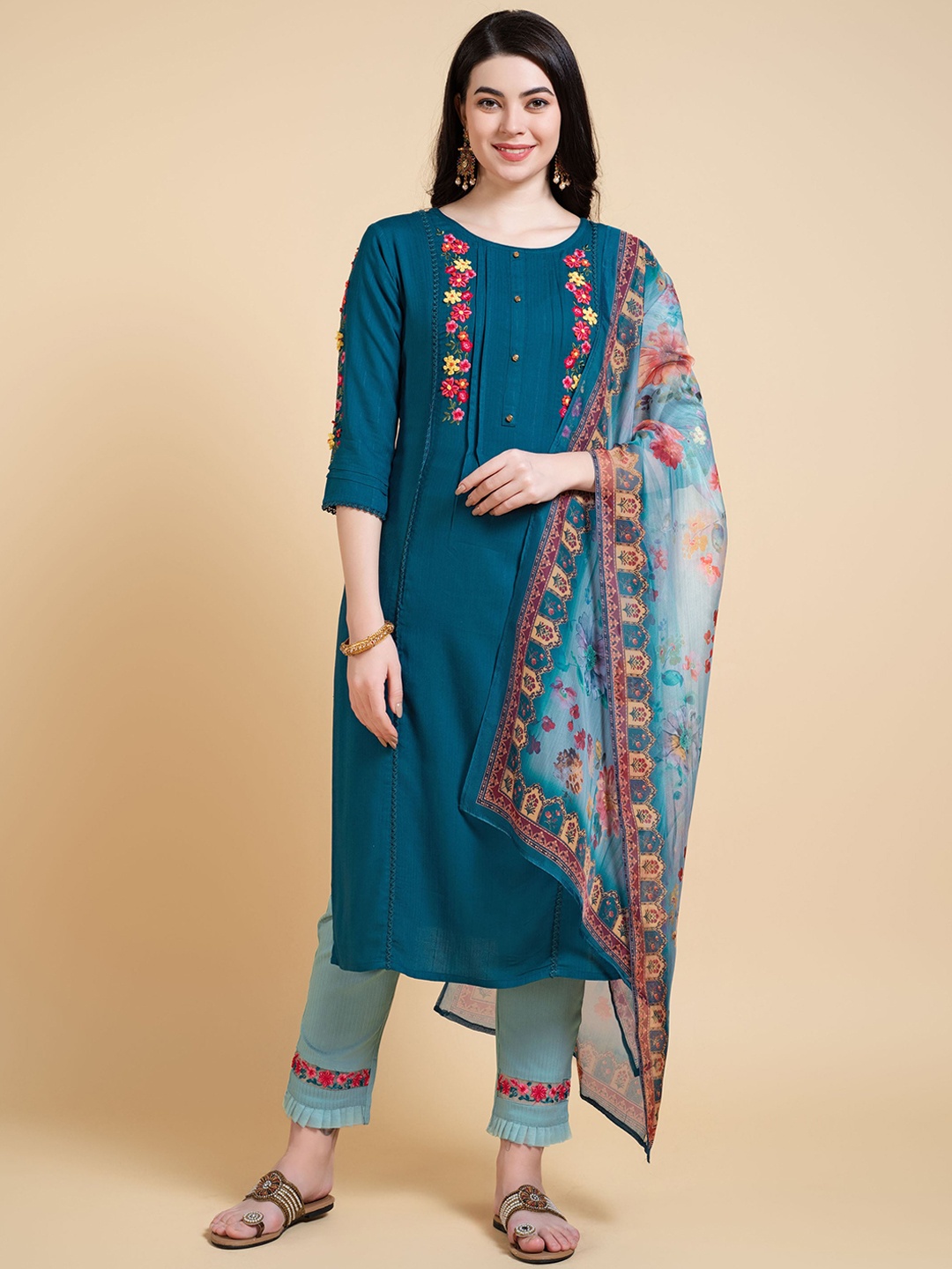 

MOJILAA Floral Printed Panelled Kantha Work Kurta With Trousers & Dupatta, Teal